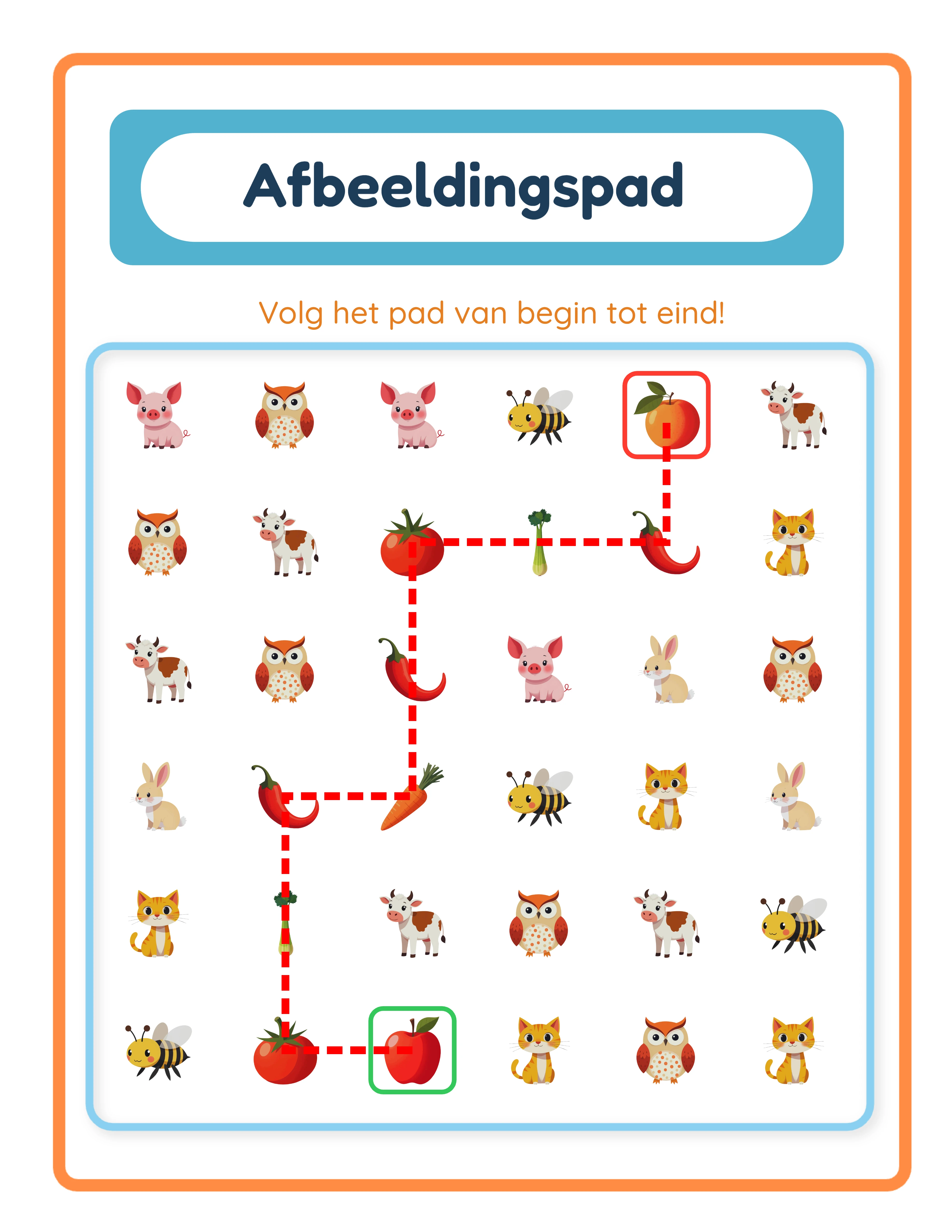 Afbeeldingspad doolhof antwoordblad met oplossingspad gemarkeerd door roze cirkels langs de juiste route en verzamelobject-legende