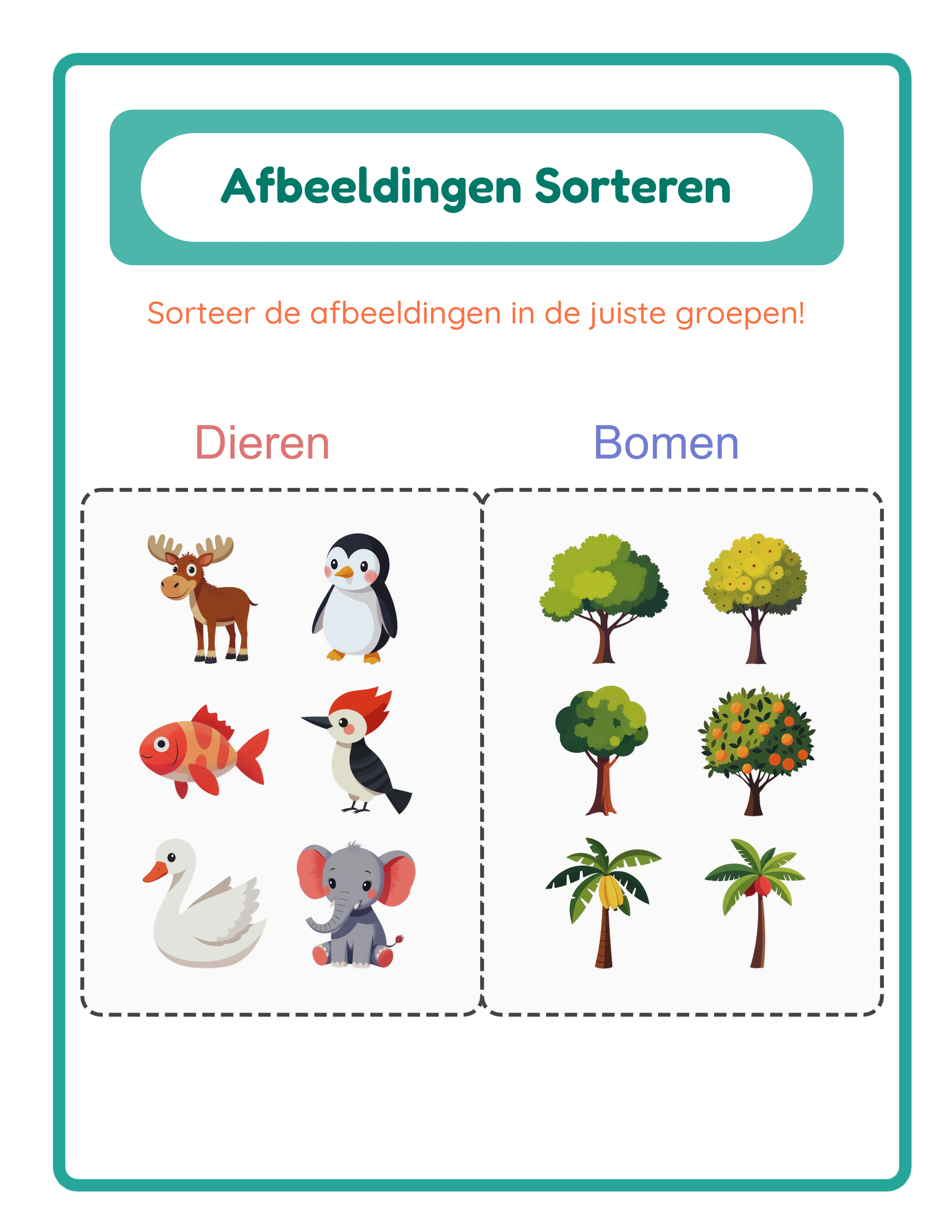 Sorteer antwoordblad met 6× grotere afbeeldingen georganiseerd in juiste categorievakken met stippelranden en FAFAFA-vulling