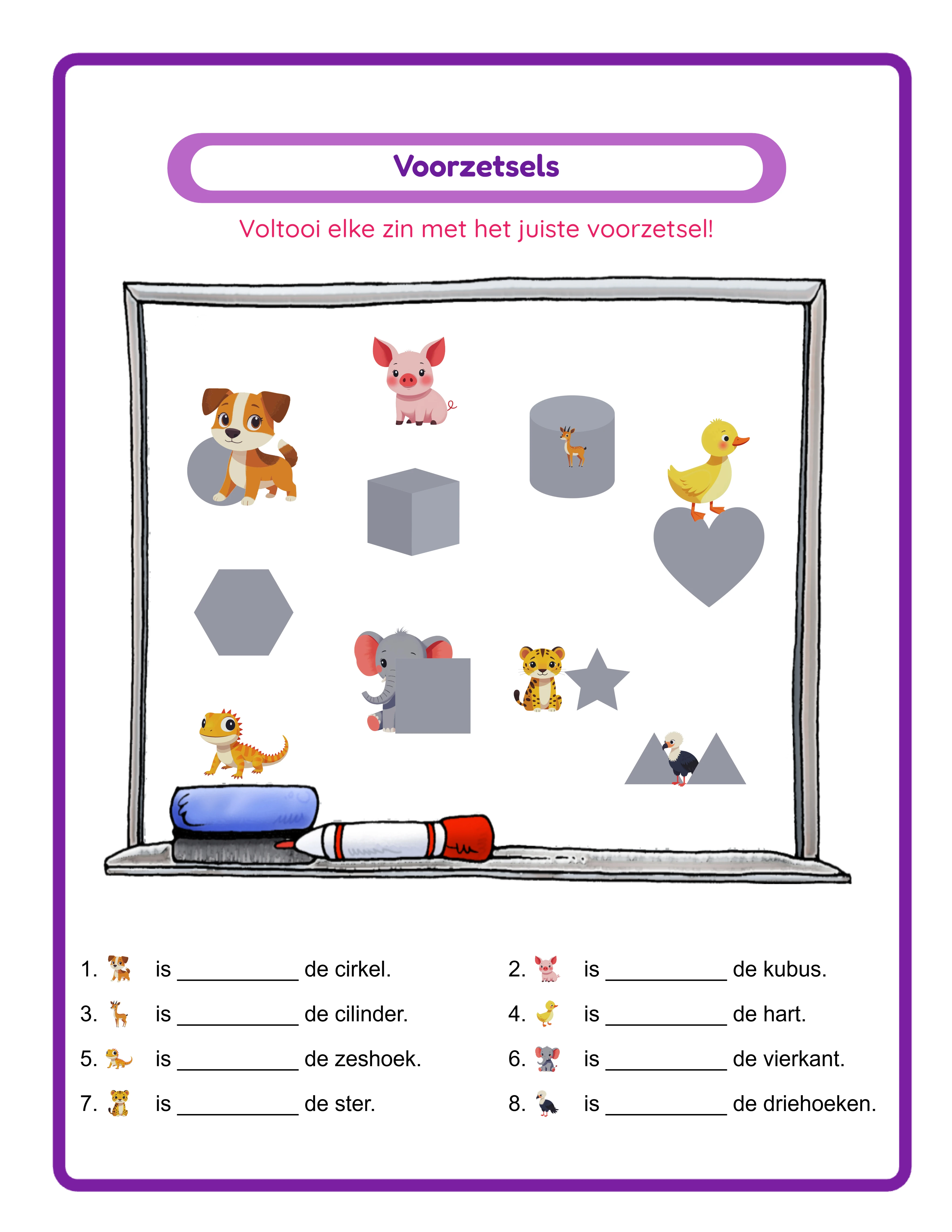 Prepositions printable worksheet — themed images