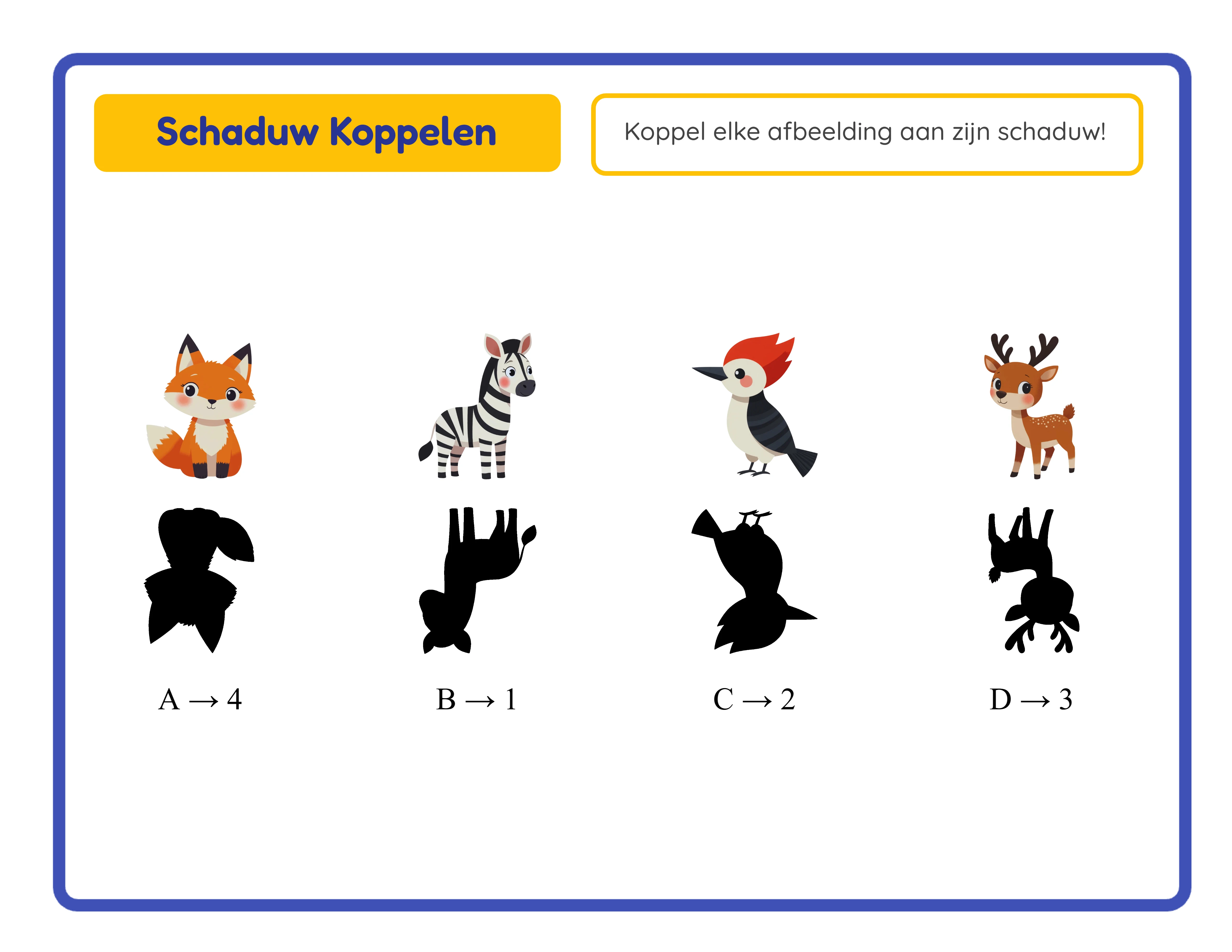 Schaduw koppelen antwoordblad met originele afbeeldingen naast silhouetten en correcte letter-naar-nummer koppelingslabels zoals A naar 2