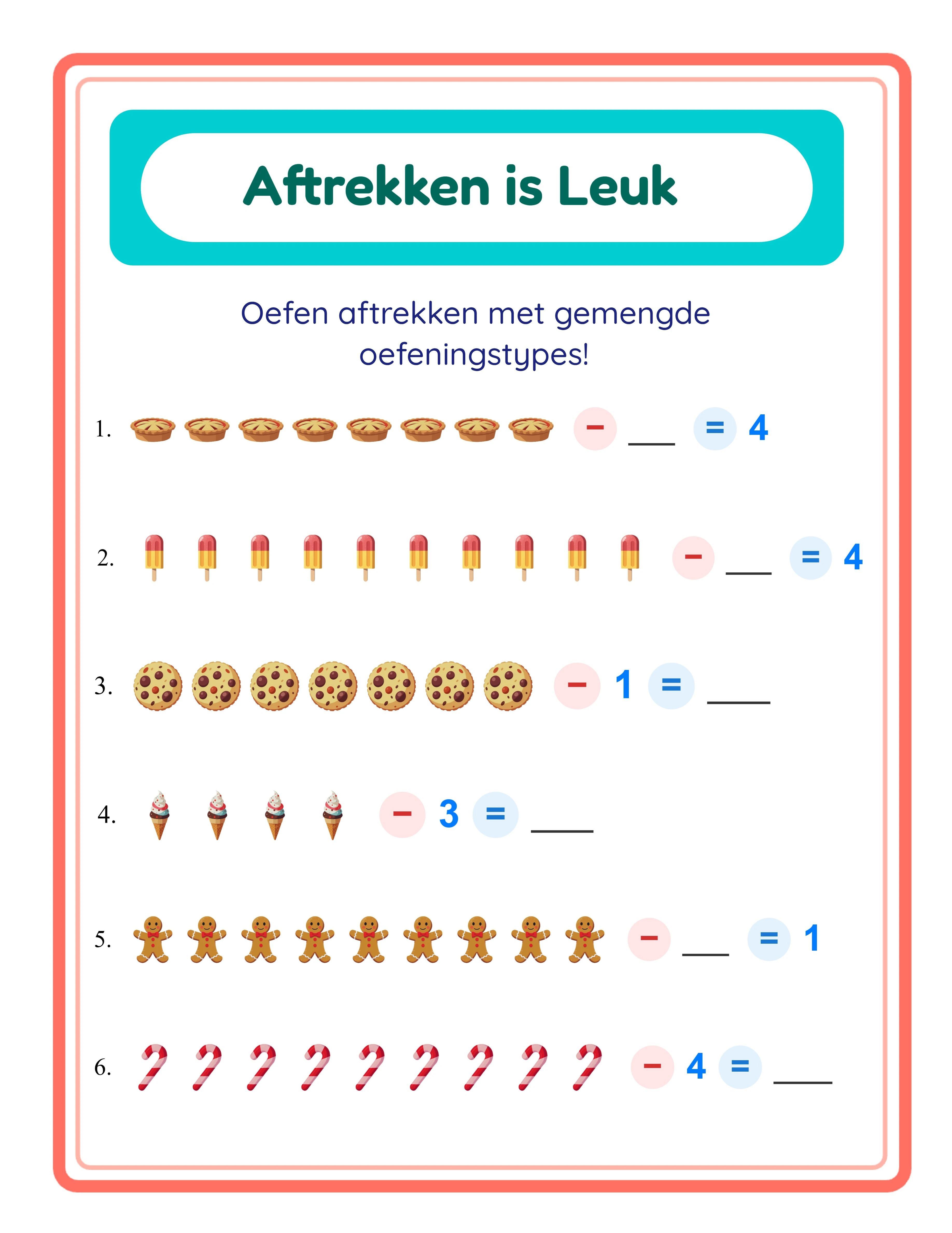 Featured subtraction printable worksheet — colorful themed pictures