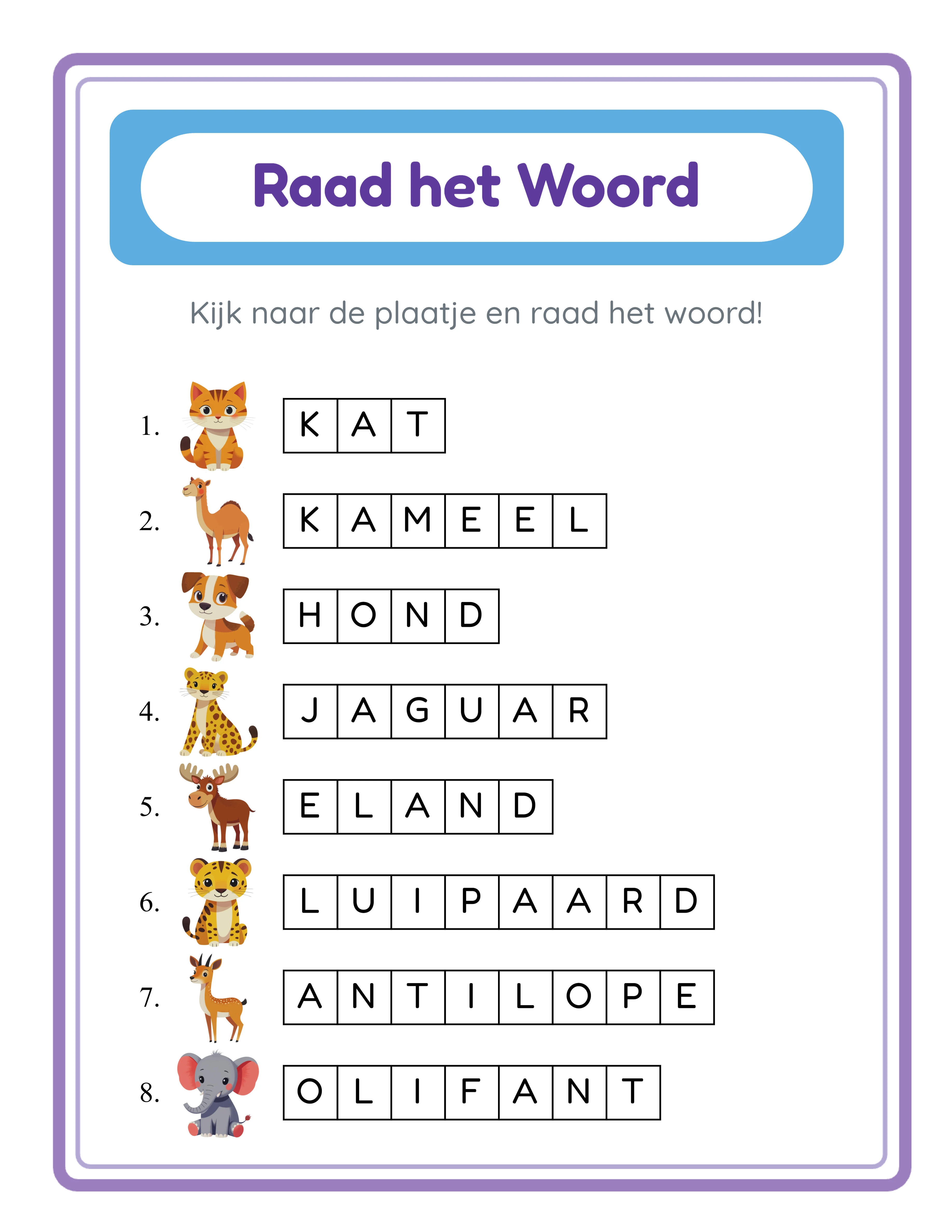 Word guess printable answer key