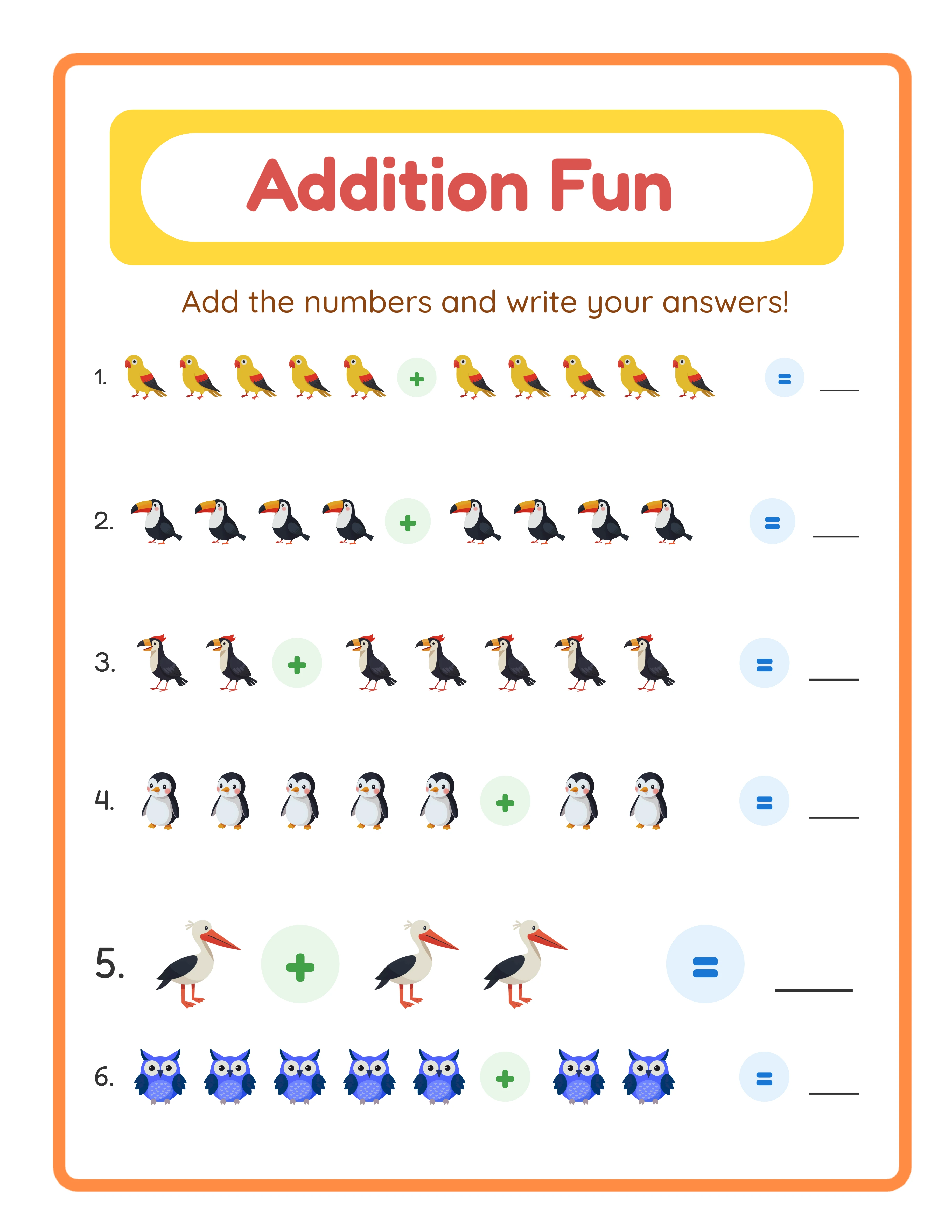 Professional addition printable worksheet — clean layout with themed images