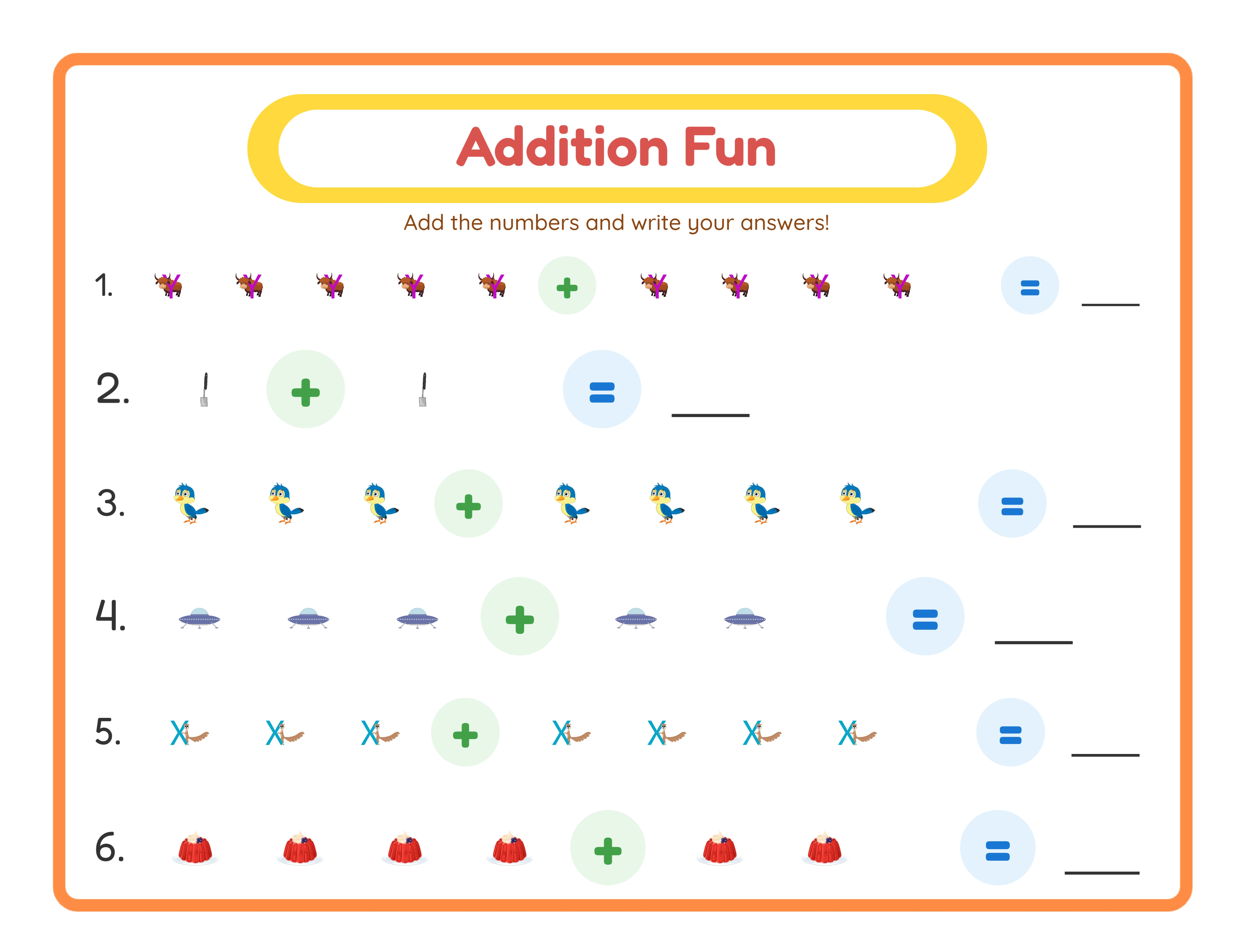 Landscape addition worksheet with Image + Number mode using food theme