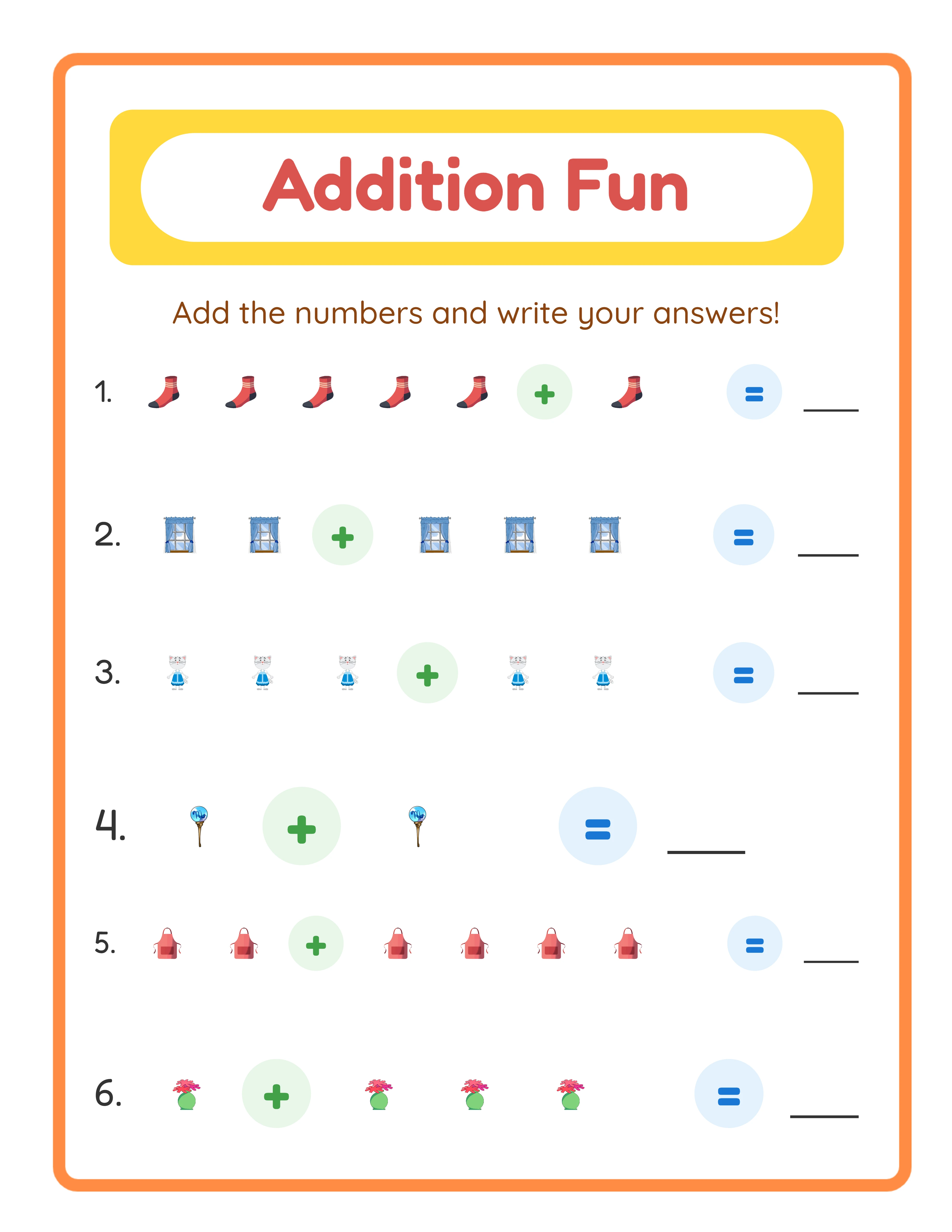 Explorer addition printable worksheet — mixed images with sums to 10