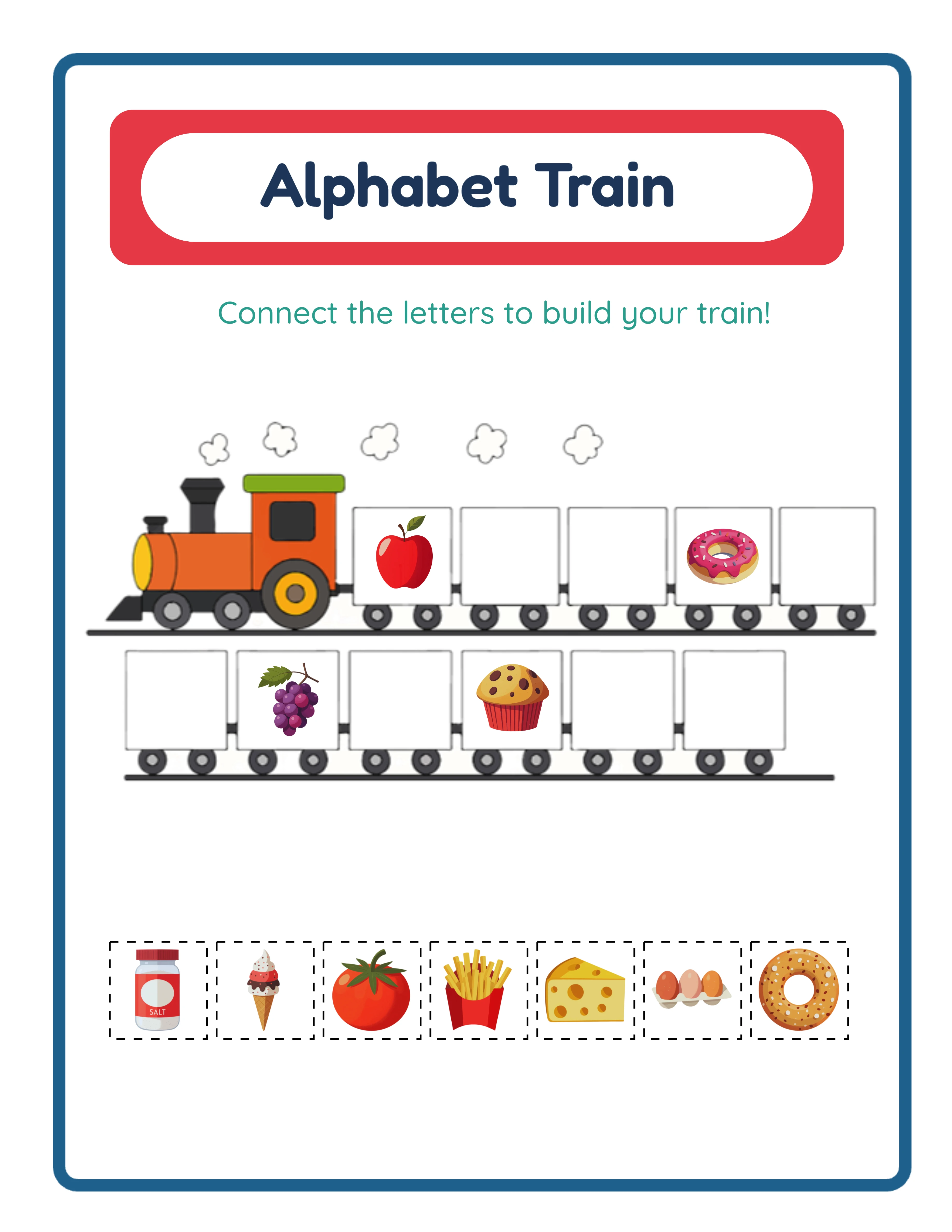 Advanced alphabet train worksheet with 11 clues for maximum difficulty comprehensive letter recognition