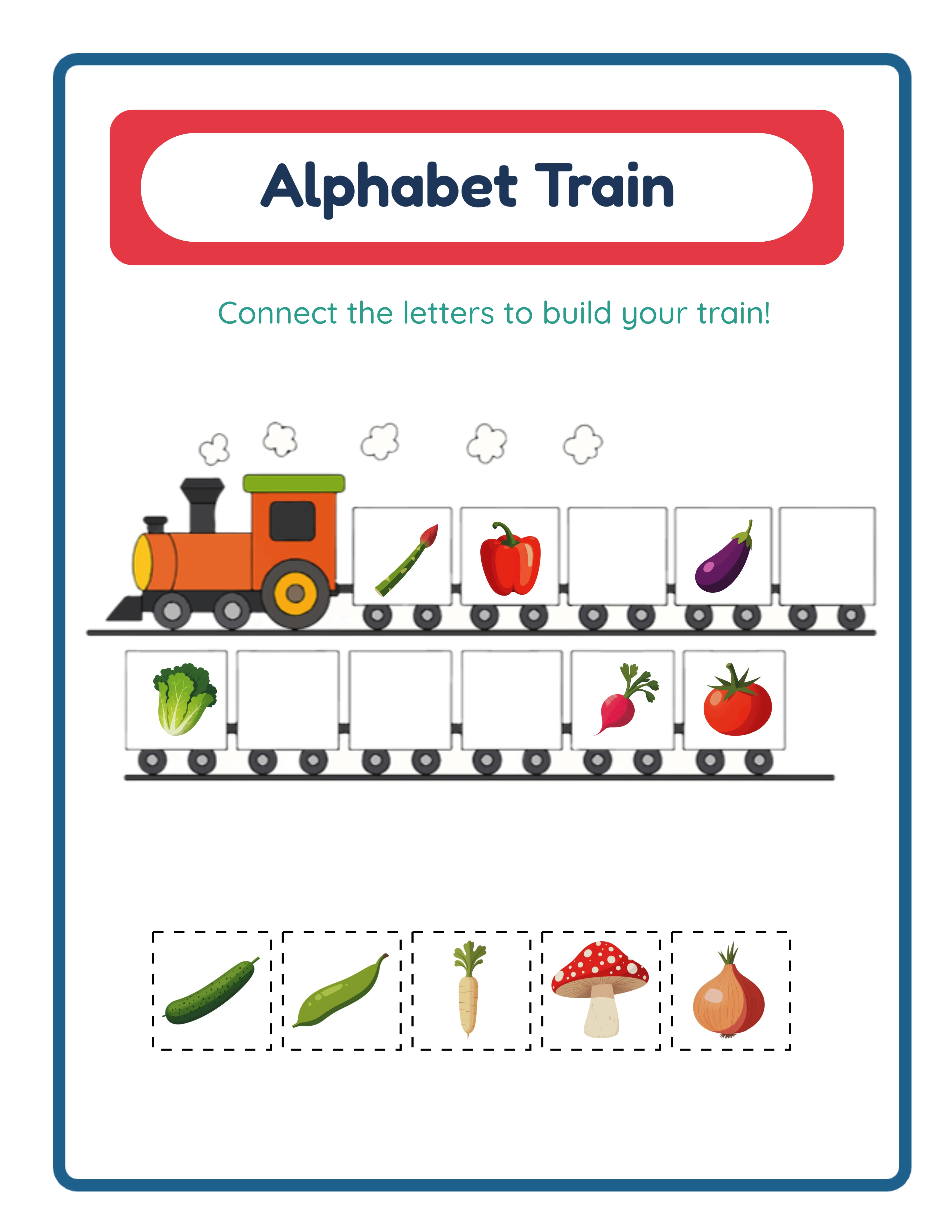 Alphabet train worksheet with themed images and multiple clue matching tasks at intermediate difficulty