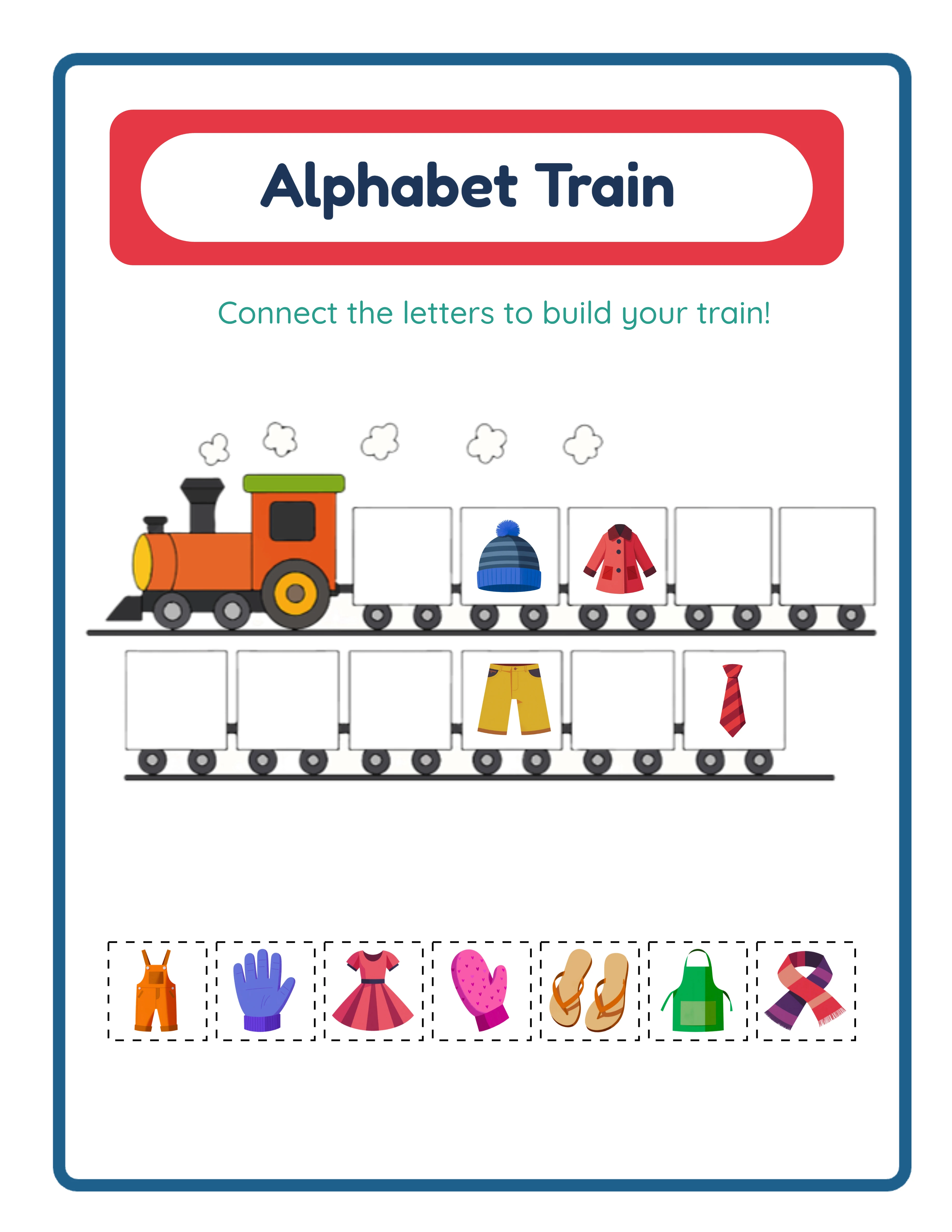 Alphabet train cut-and-paste activity for preschool letter learning