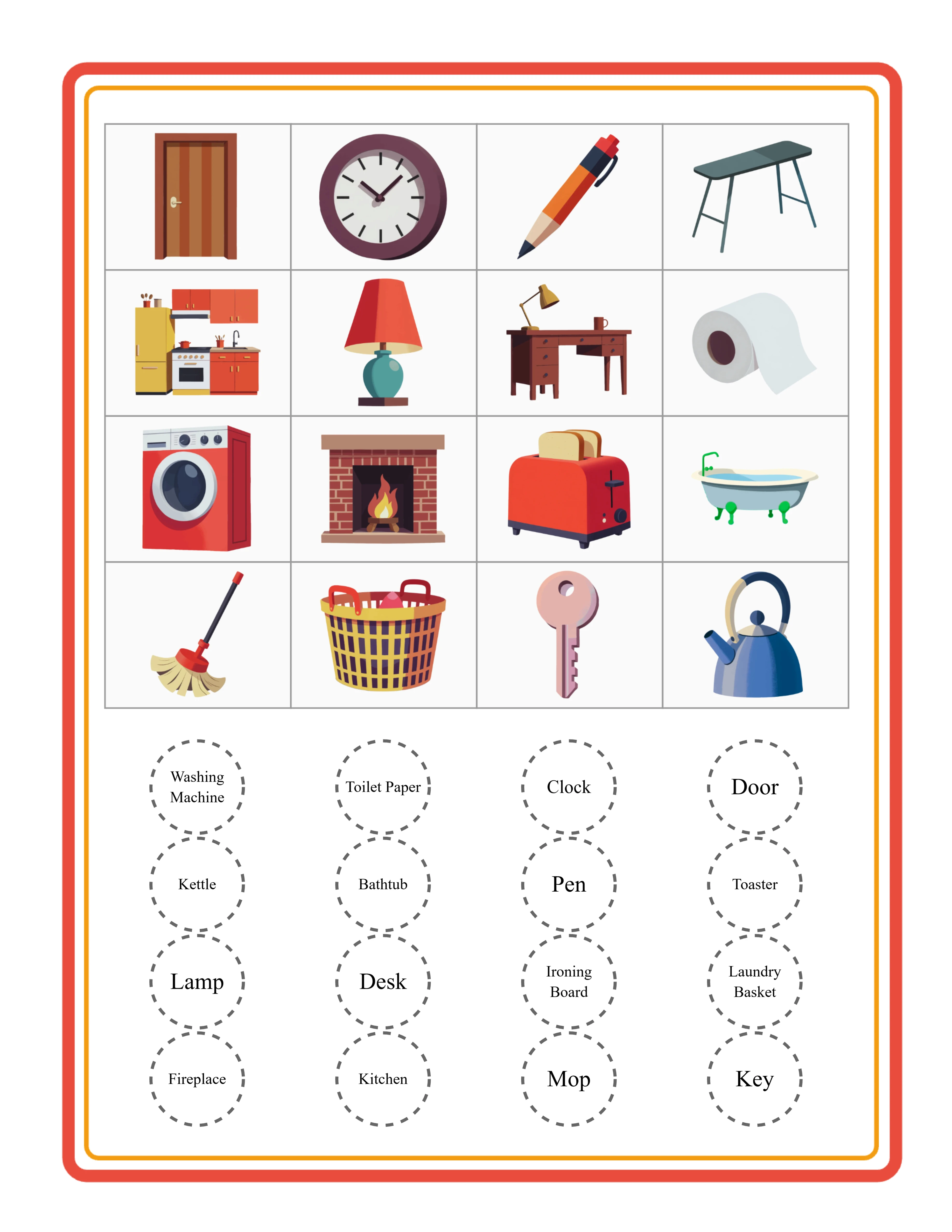 Picture bingo card with word fill showing localized image names in grid cells and word chips for vocabulary bingo