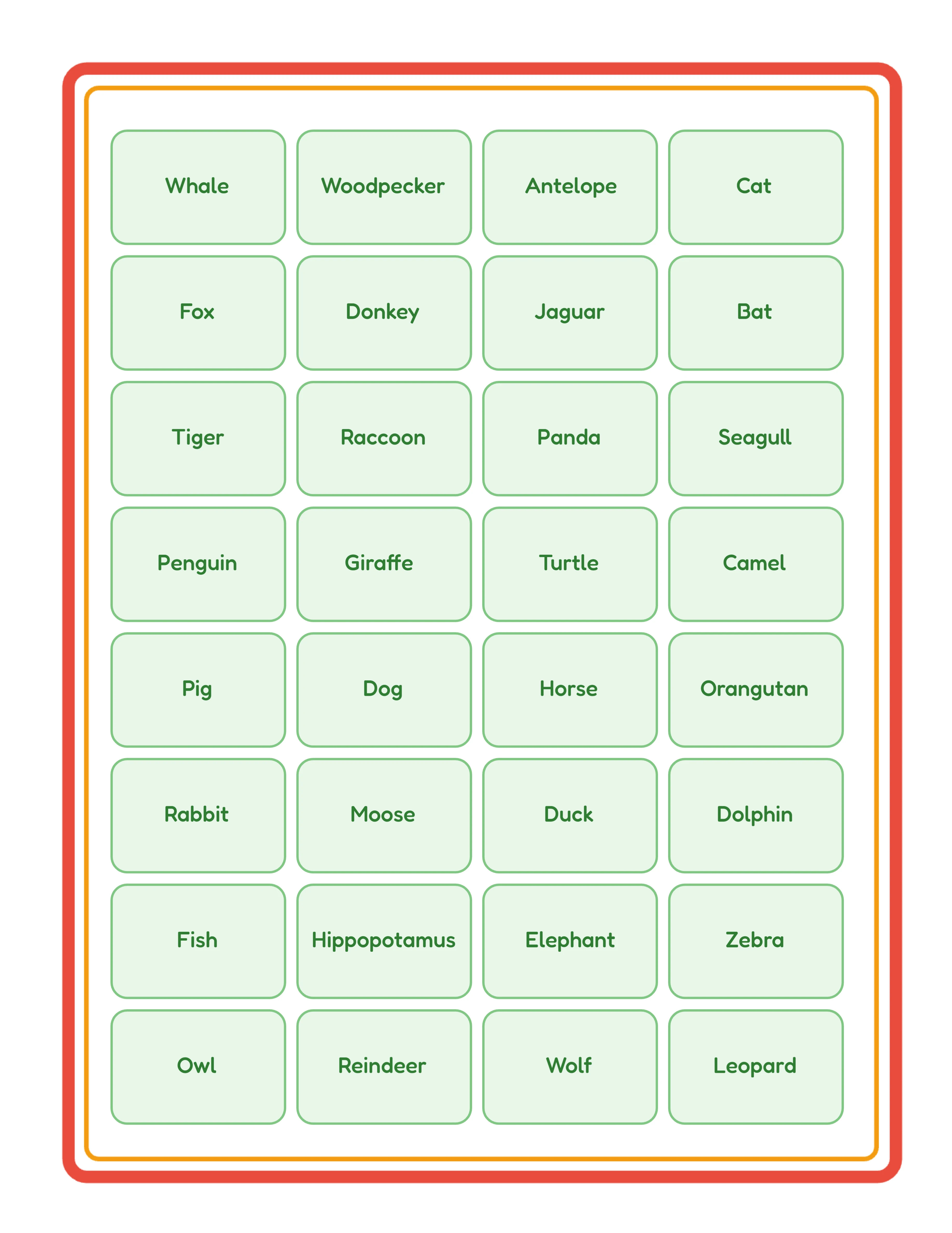 Bingo call-out sheet with dynamic word grid showing all game items organized in columns for the caller