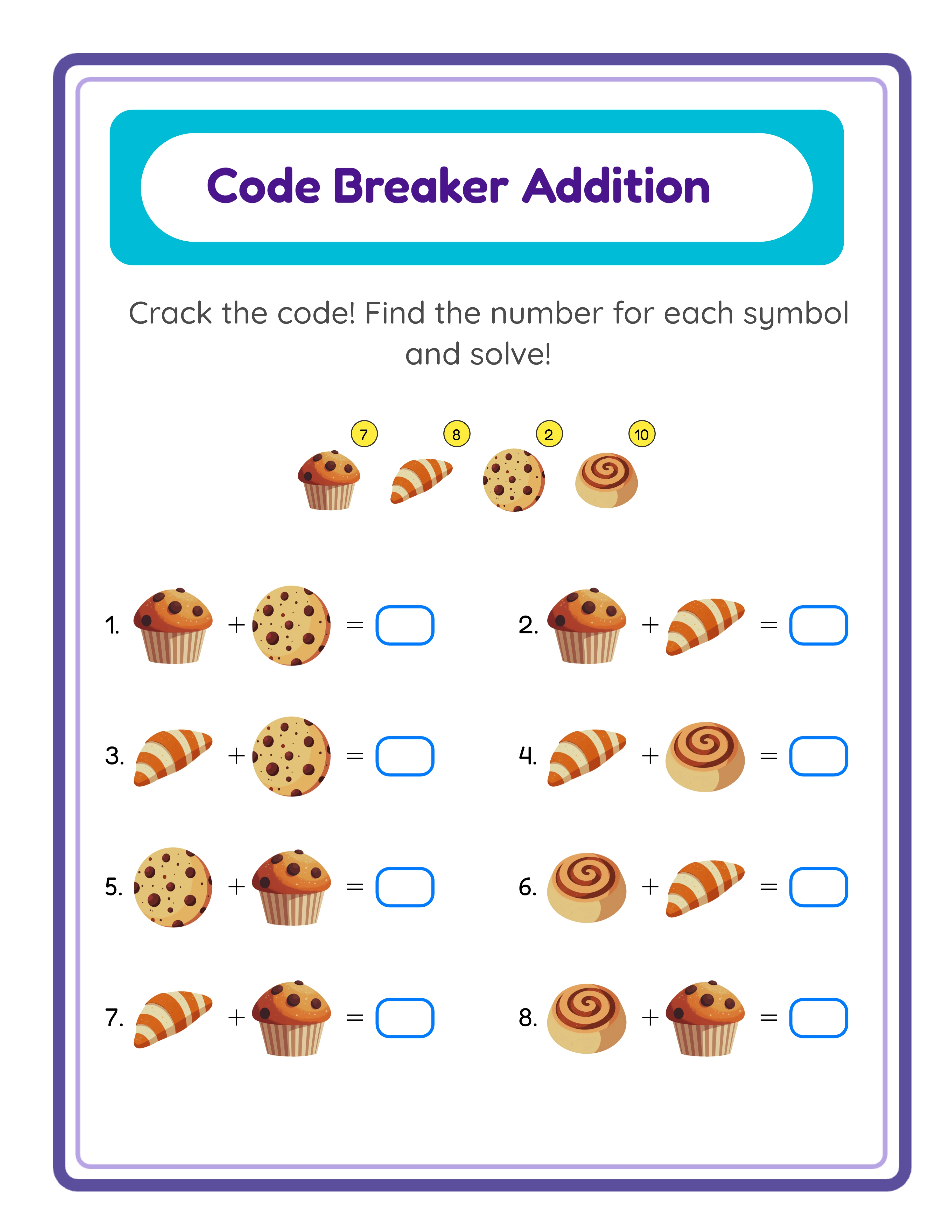 Code breaker addition printable worksheet — secret message puzzle