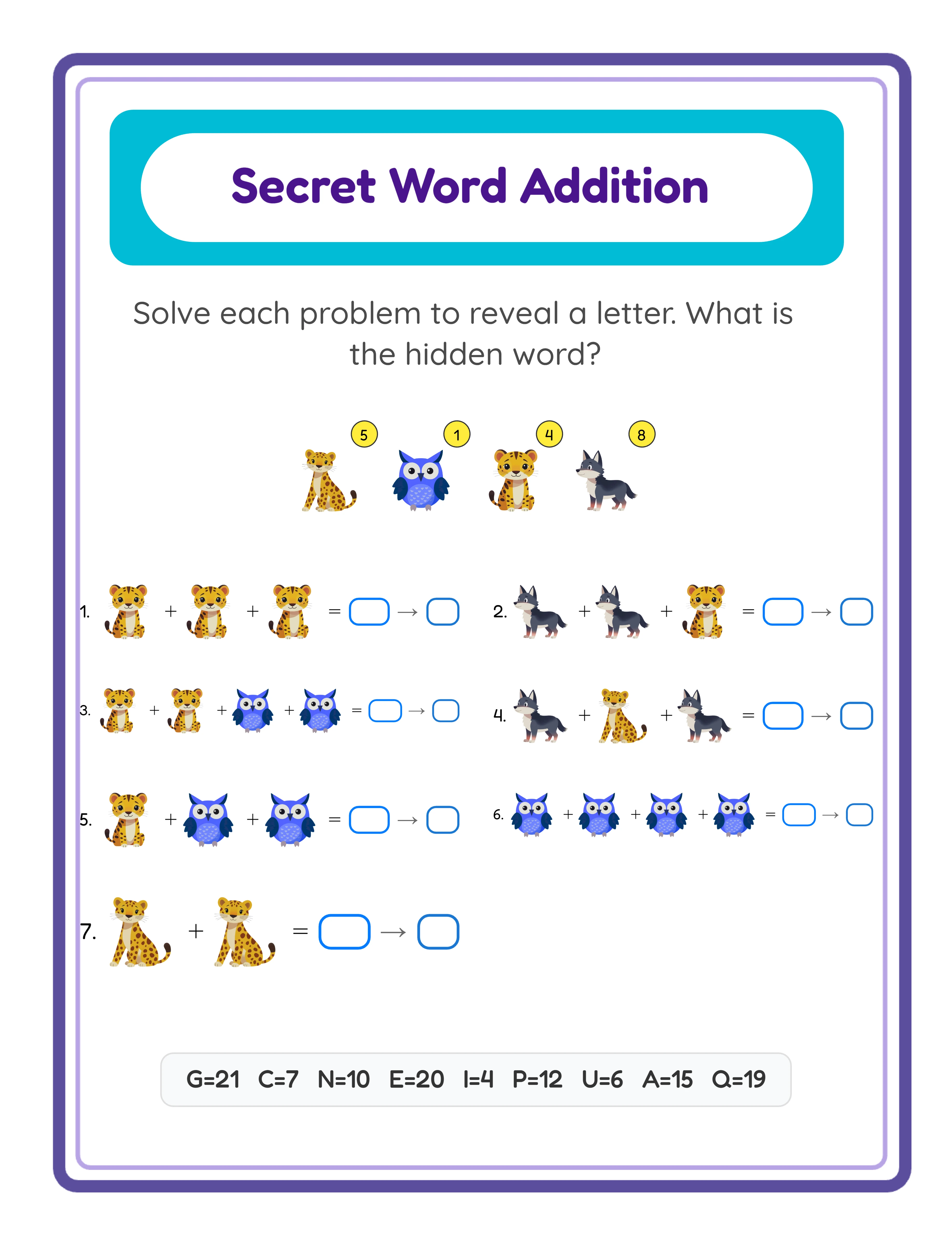 Code breaker addition printable worksheet — advanced code cracking