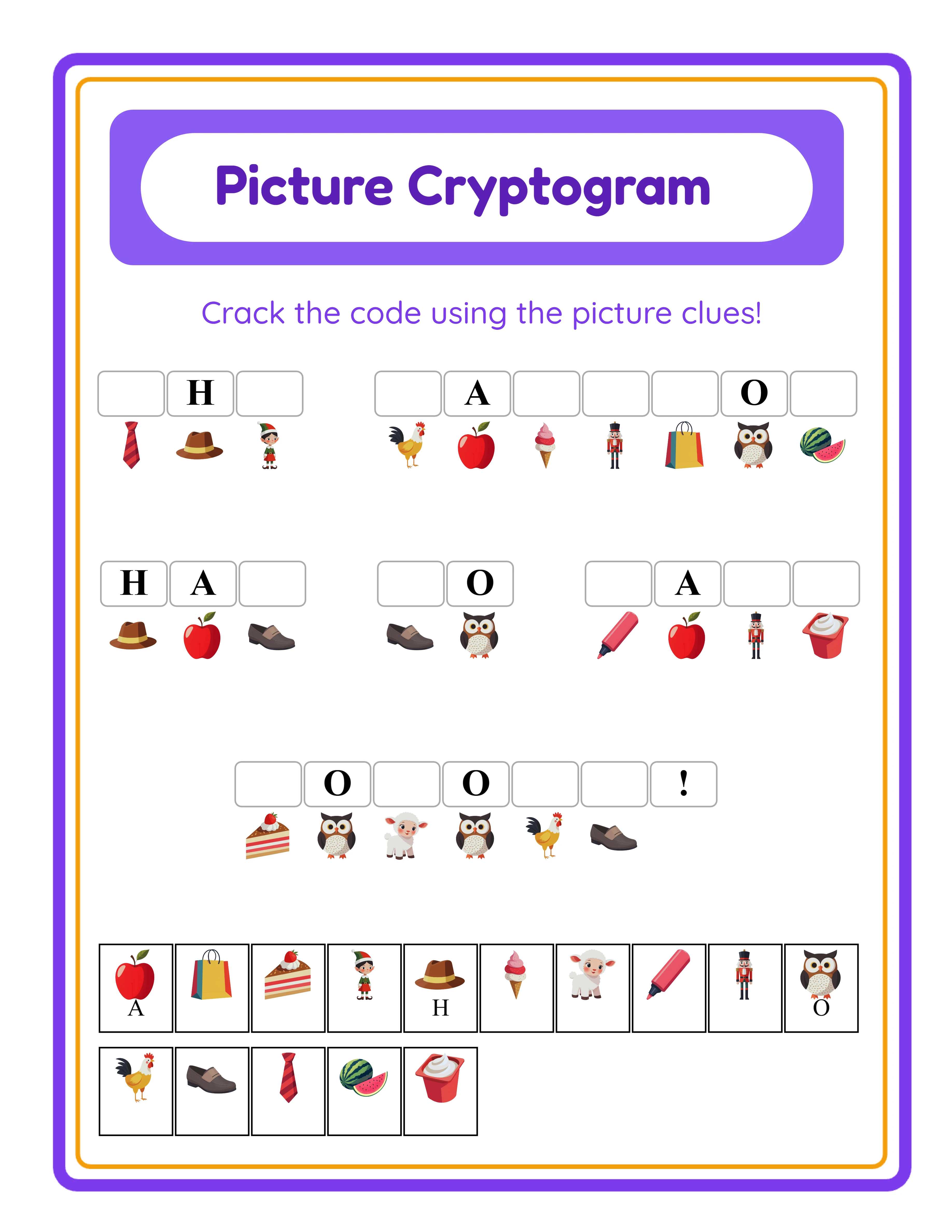 Cryptogram puzzle page ready for KDP manuscript with themed images encoding a secret phrase