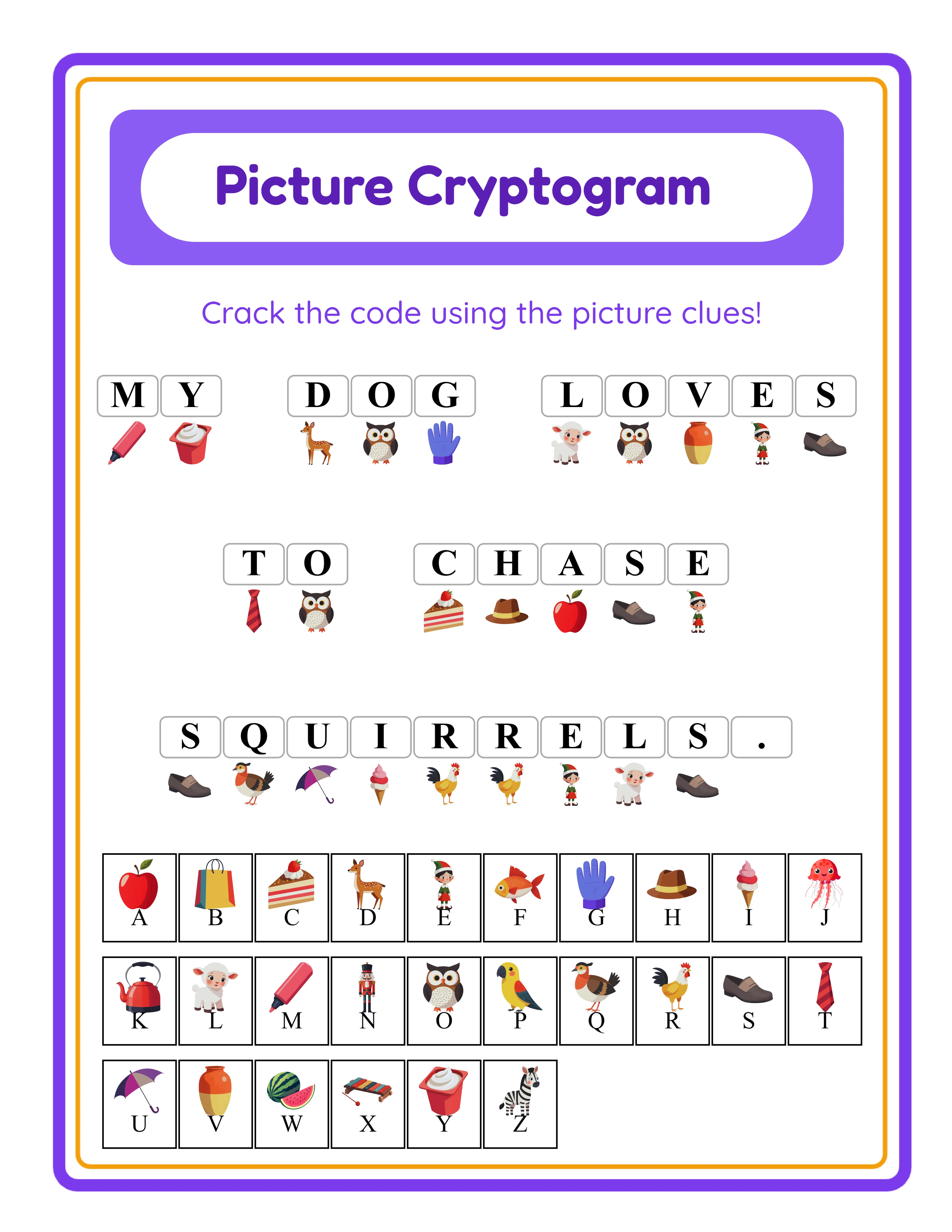 Cryptogram answer key with complete letter legend showing all alphabet-to-image mappings in sorted order