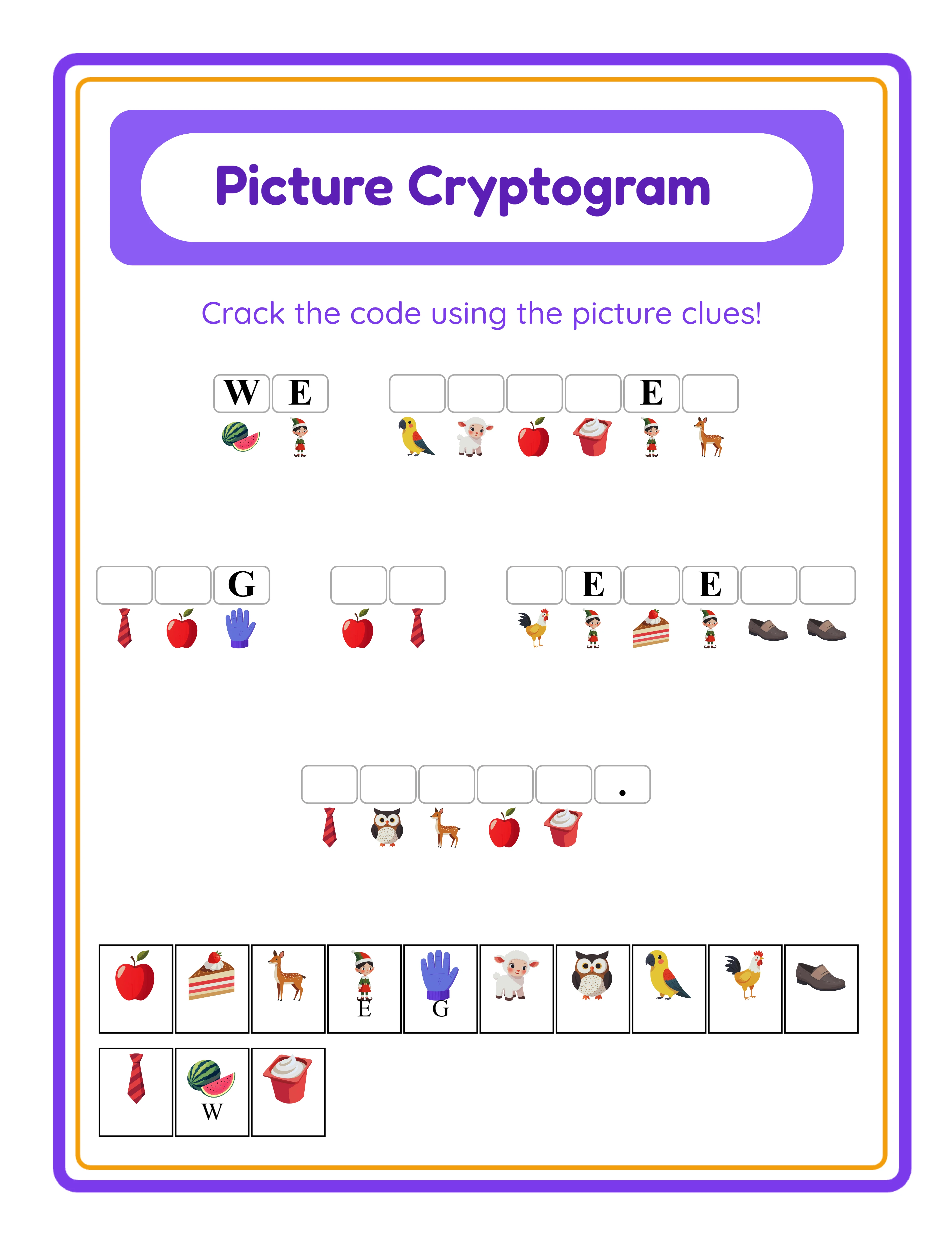 Cryptogram worksheet with animal theme images and Letters to Reveal hints for scaffolded difficulty