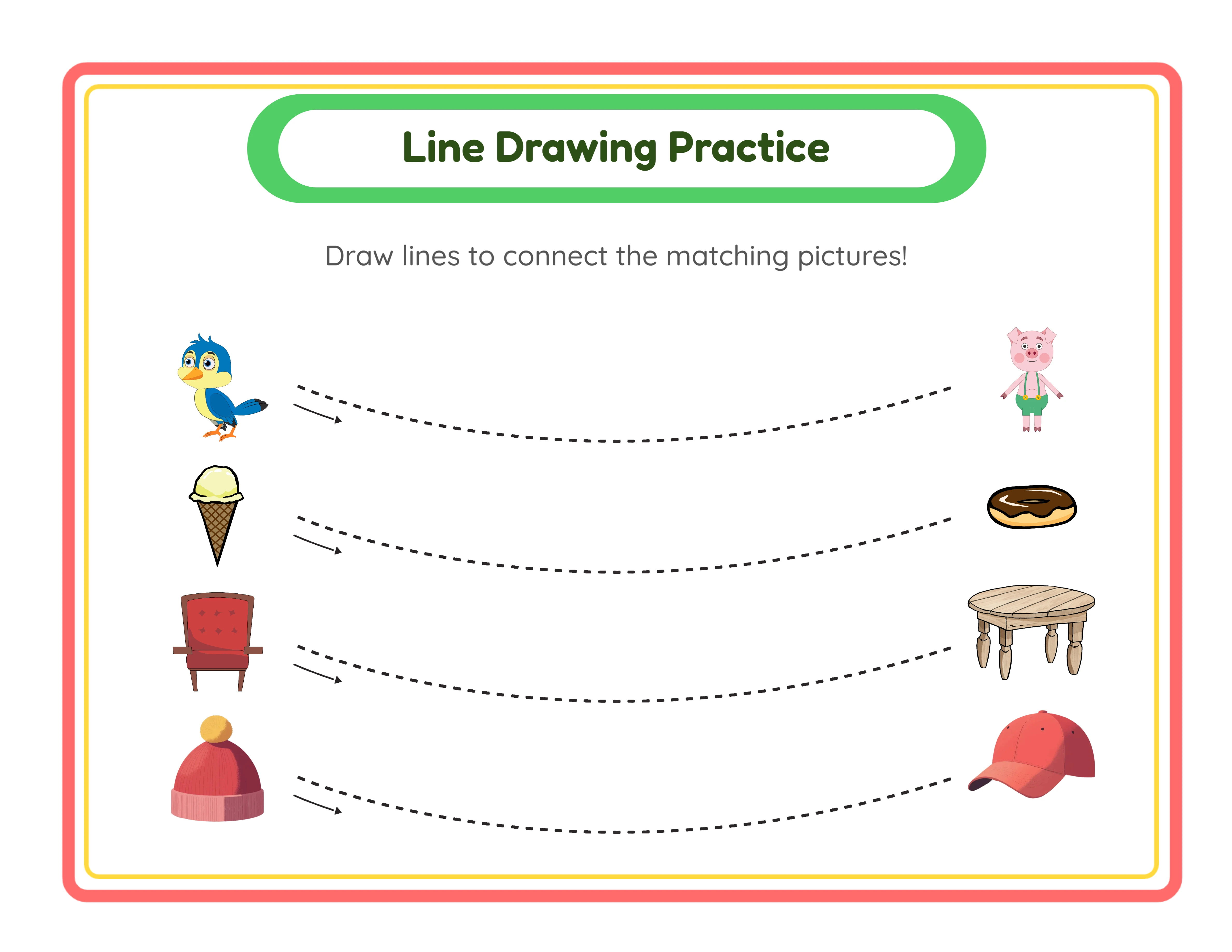 Spotlight line drawing — guided curve tracing with cute pictures