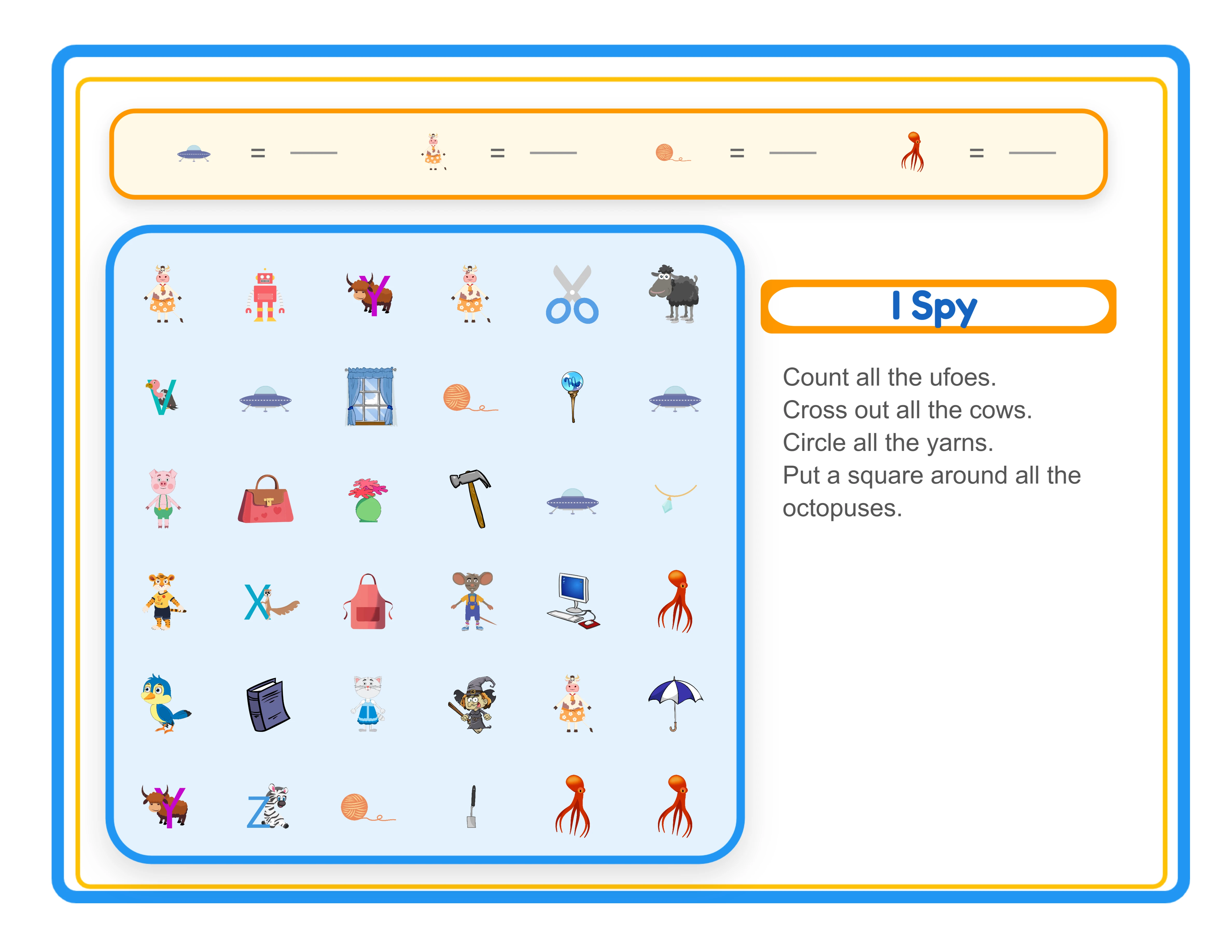 Find-and-count answer key with red circle square and cross annotations over correct target objects and quantity count displays