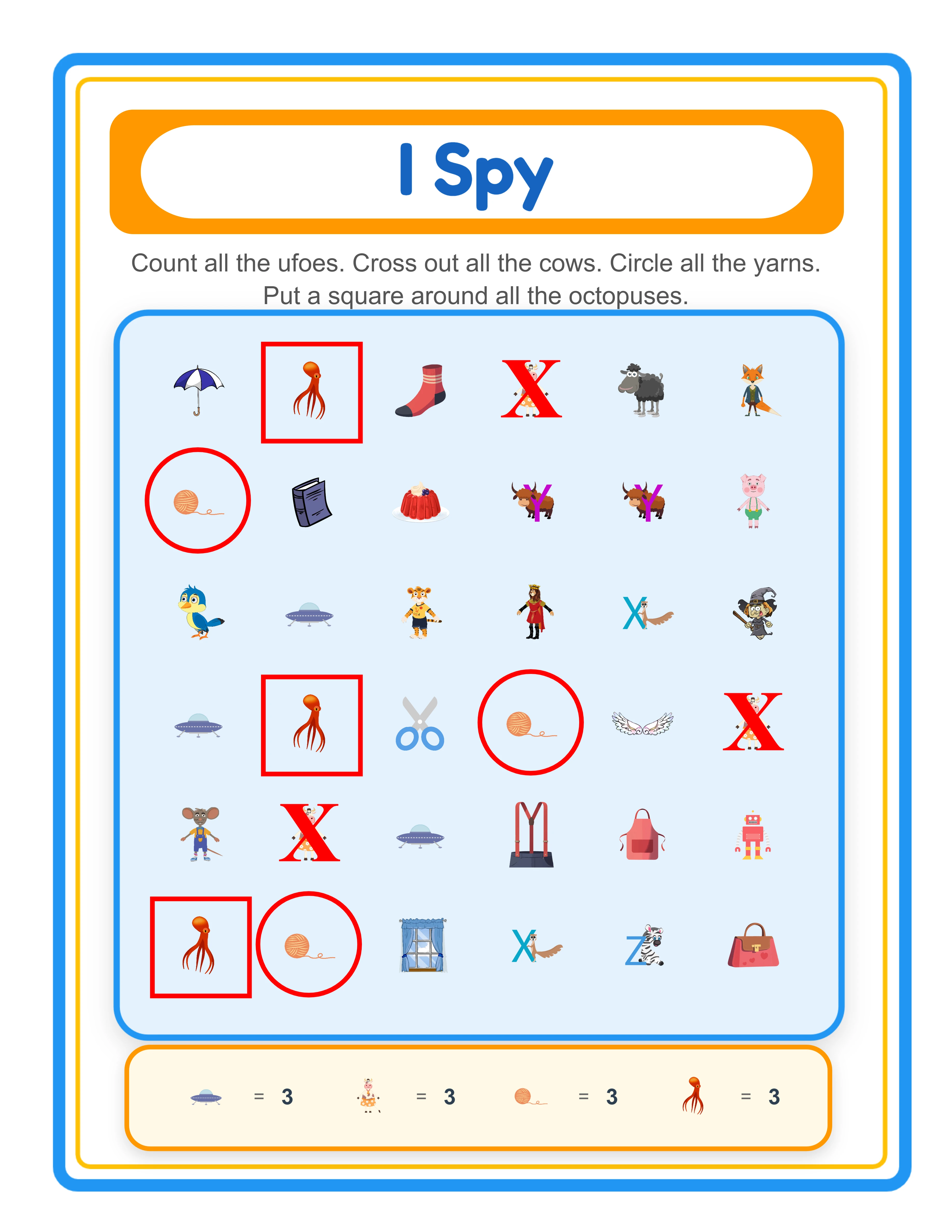 Find-and-count answer key with red circle, square, and cross annotations over correct objects