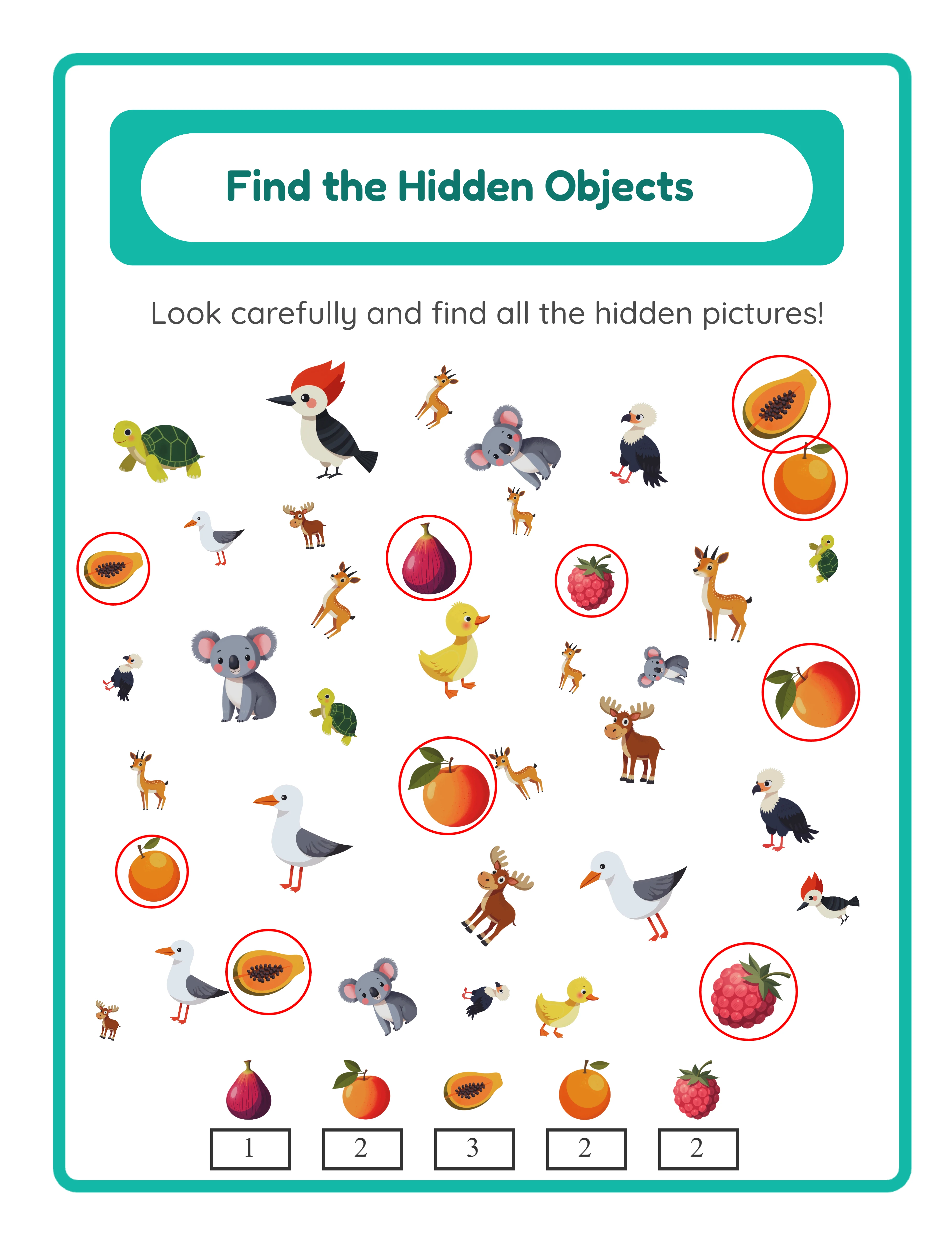 Hidden object worksheet answer key with red circles drawn around target objects sized 3 to 5 pixels larger than each object