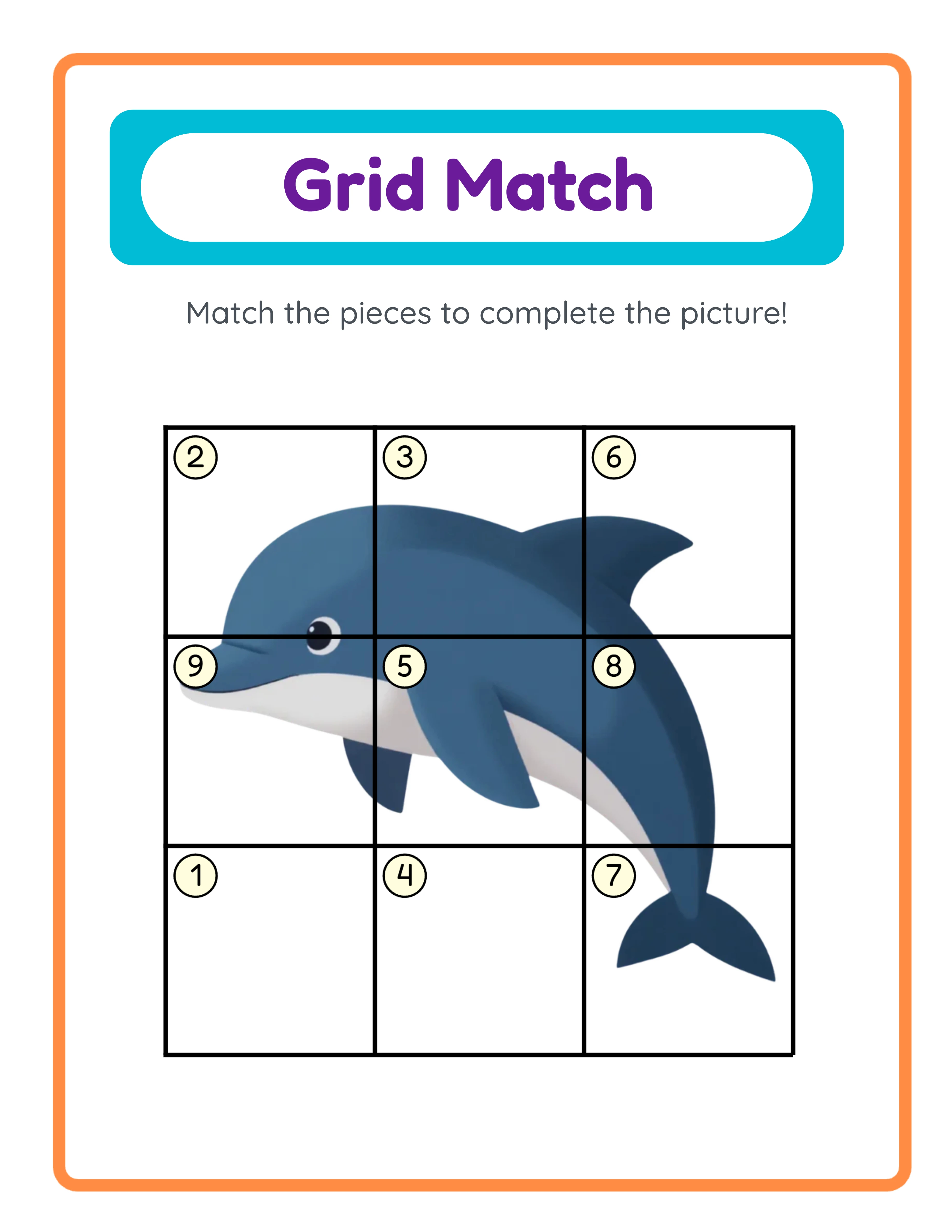 Grid matching answer key showing complete image with numbered yellow circles overlaid on each grid cell indicating correct tile placement