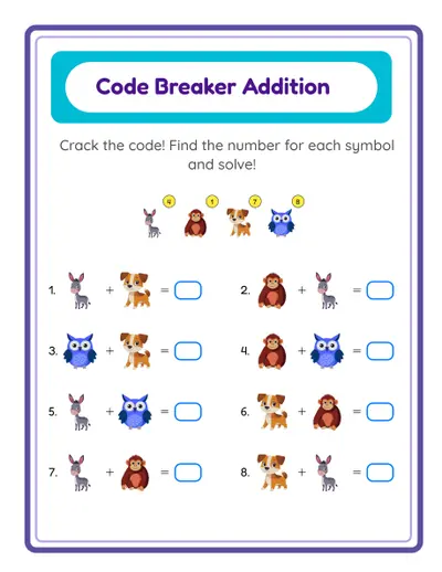 Free printable code addition worksheet for elementary school students