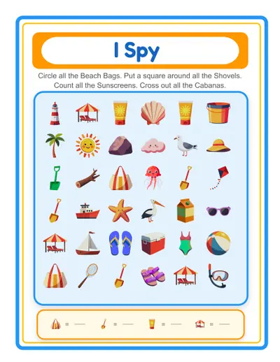 I Spy counting worksheet with hidden objects for young learners