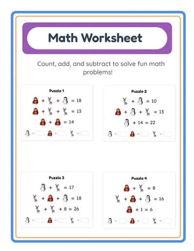 Multi-skill math practice sheet with addition and subtraction problems