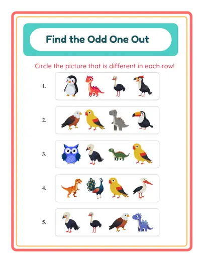 Odd one out puzzle worksheet for elementary reasoning practice