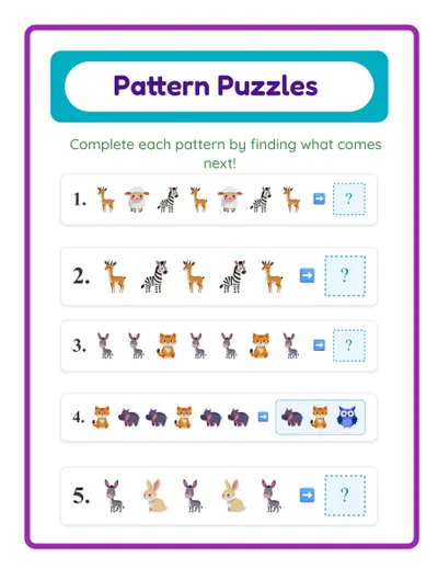 Free printable pattern recognition worksheet for kindergarten with colorful images