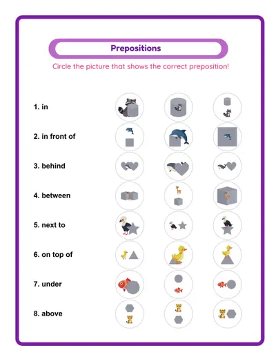Preposition practice worksheet with picture scenes for early learners