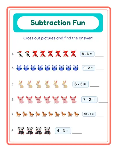 Kindergarten subtraction practice sheet featuring take-away counting images