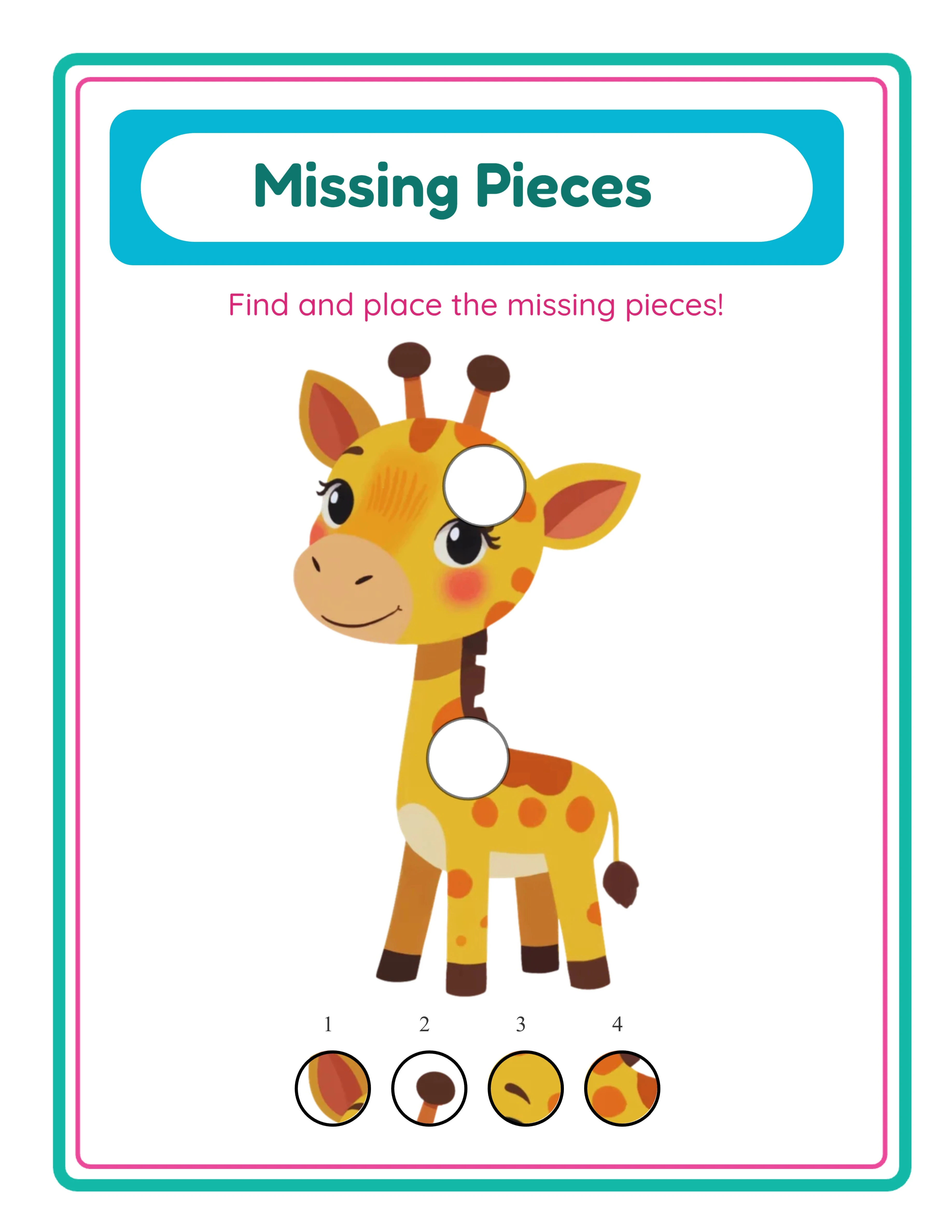 Missing pieces puzzle with circular holes and numbered solution options including distractor pieces for added visual discrimination challenge