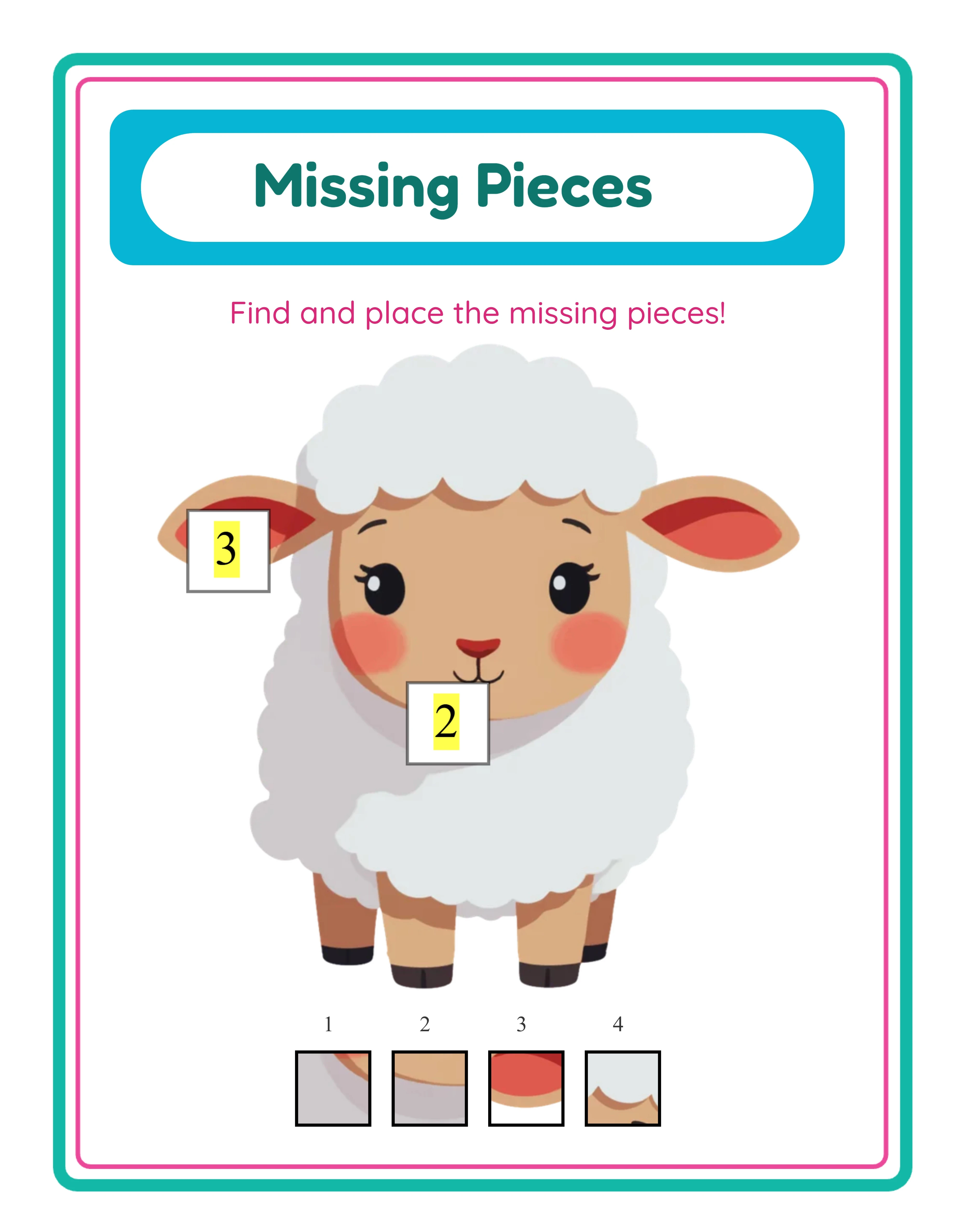 Missing pieces puzzle answer key with yellow-highlighted number labels placed inside each hole showing the correct option index