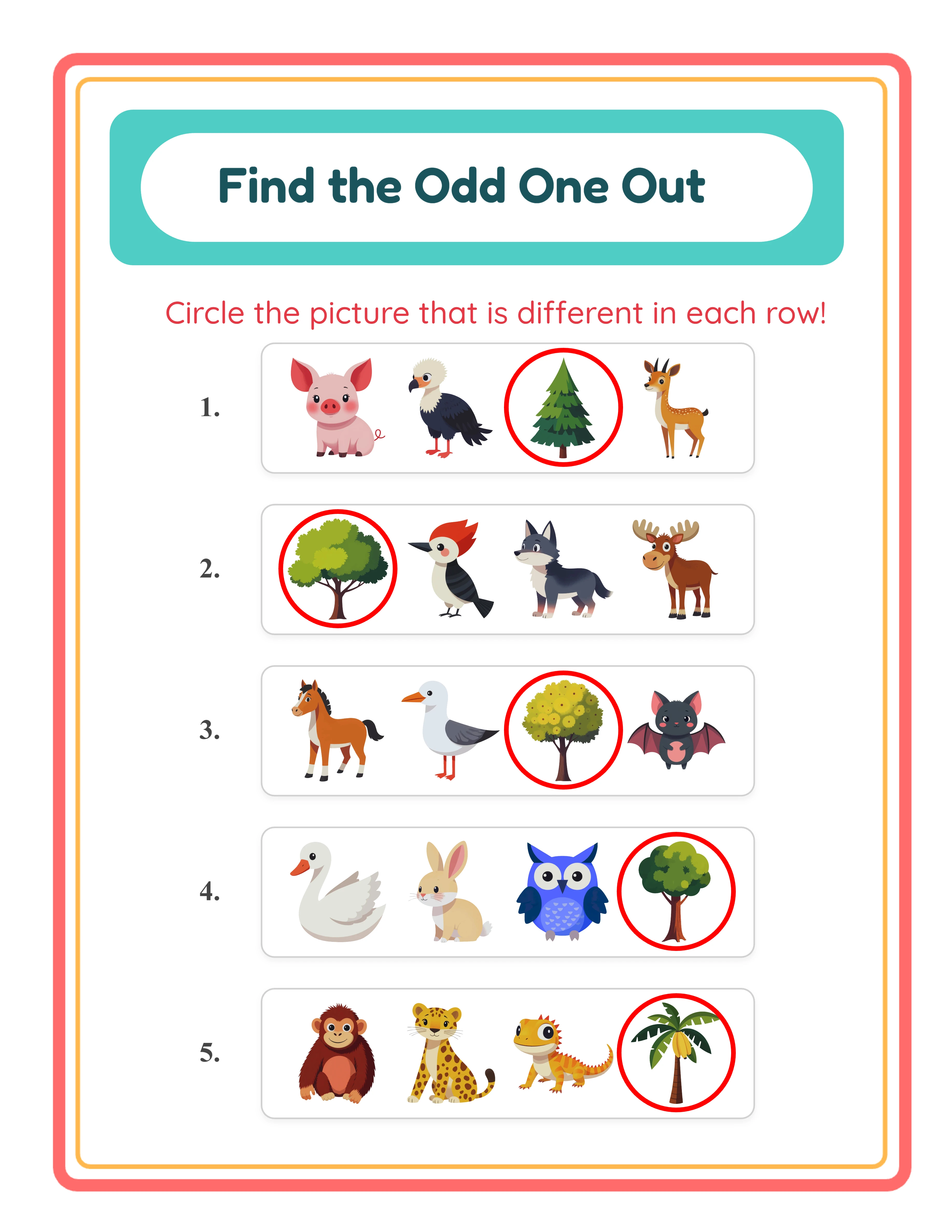 Odd one out answer key with red circles drawn around the odd item in each exercise row