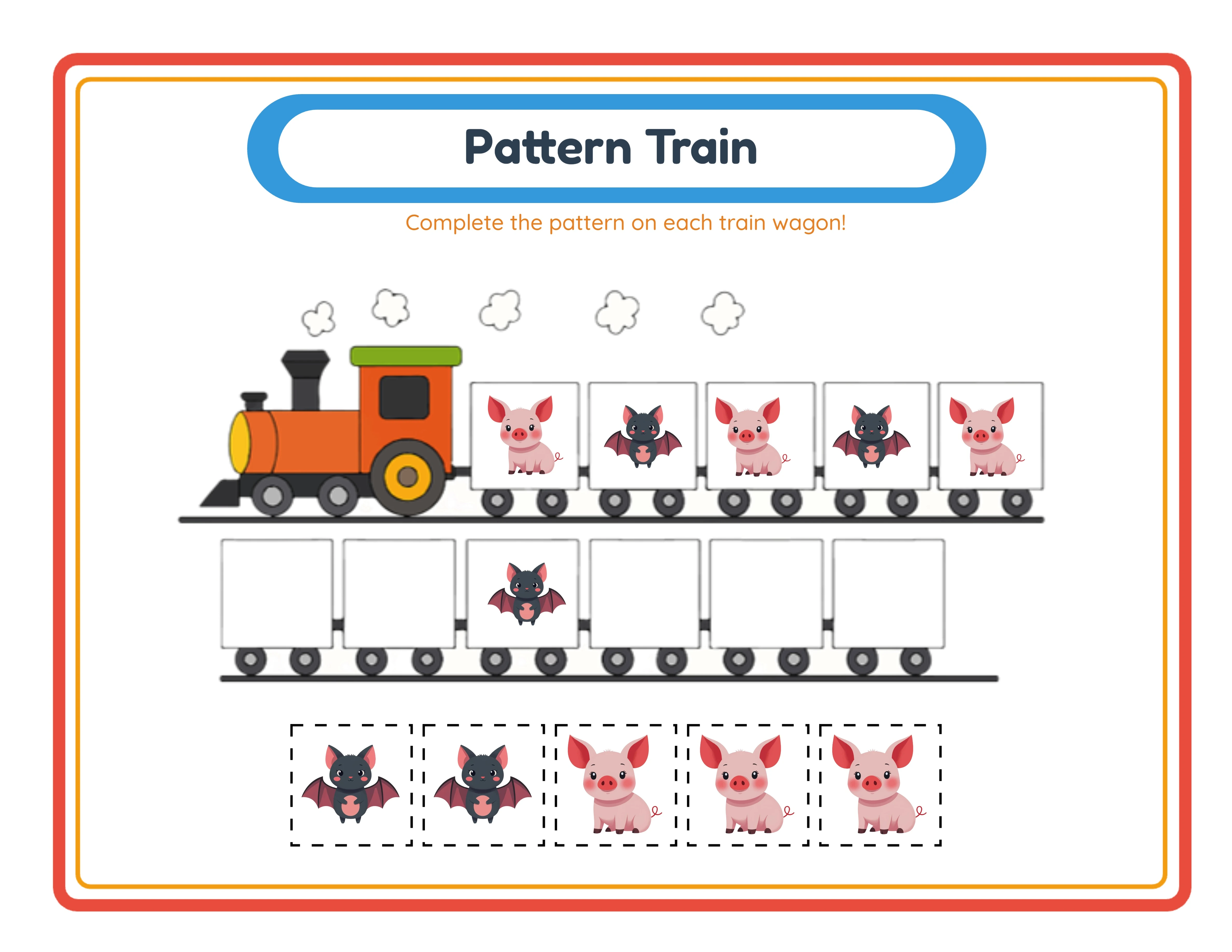 Pattern train worksheet with themed train wagons showing repeating pattern sequence with one missing wagon to complete