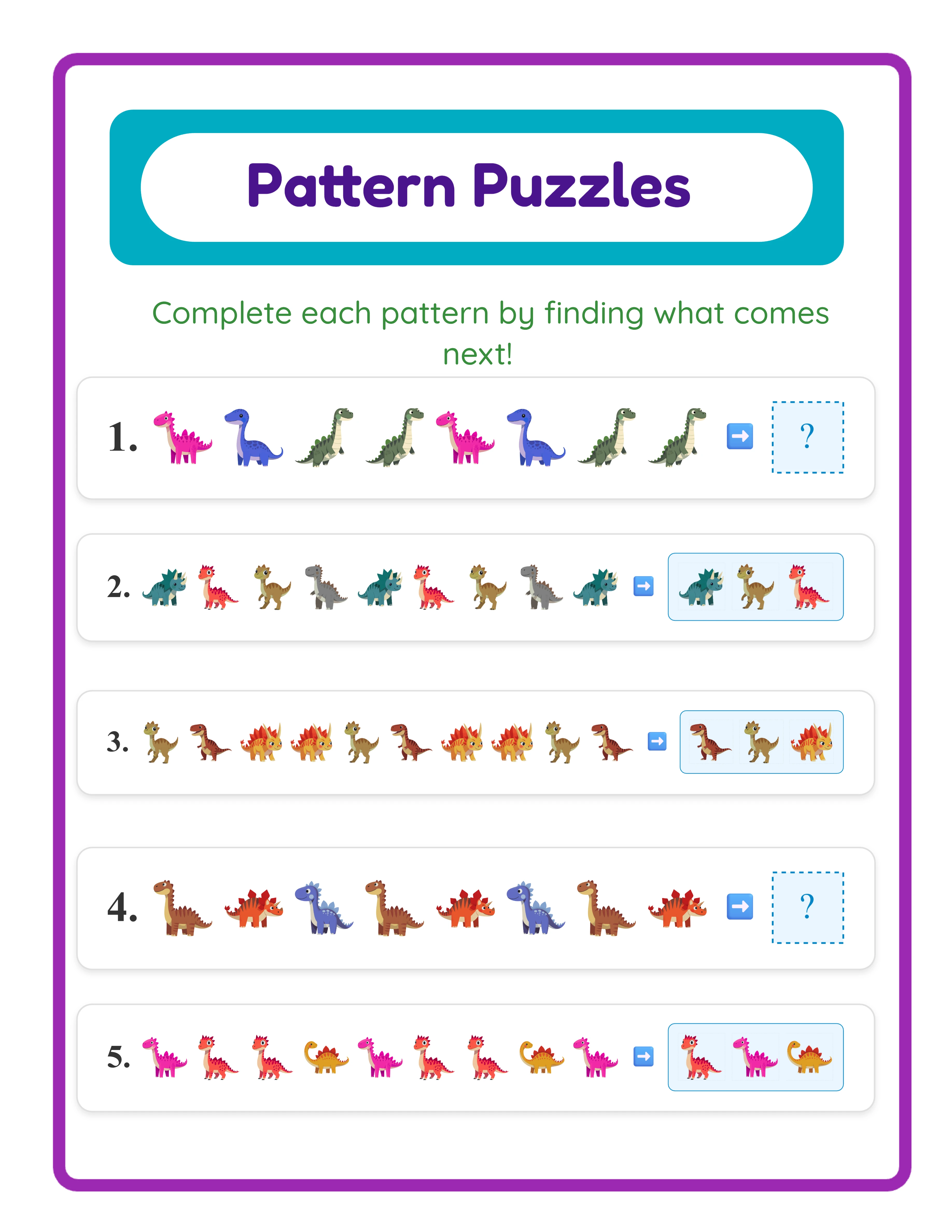 Pattern worksheet with ocean animal theme showing fill-in-the-blank pattern exercises