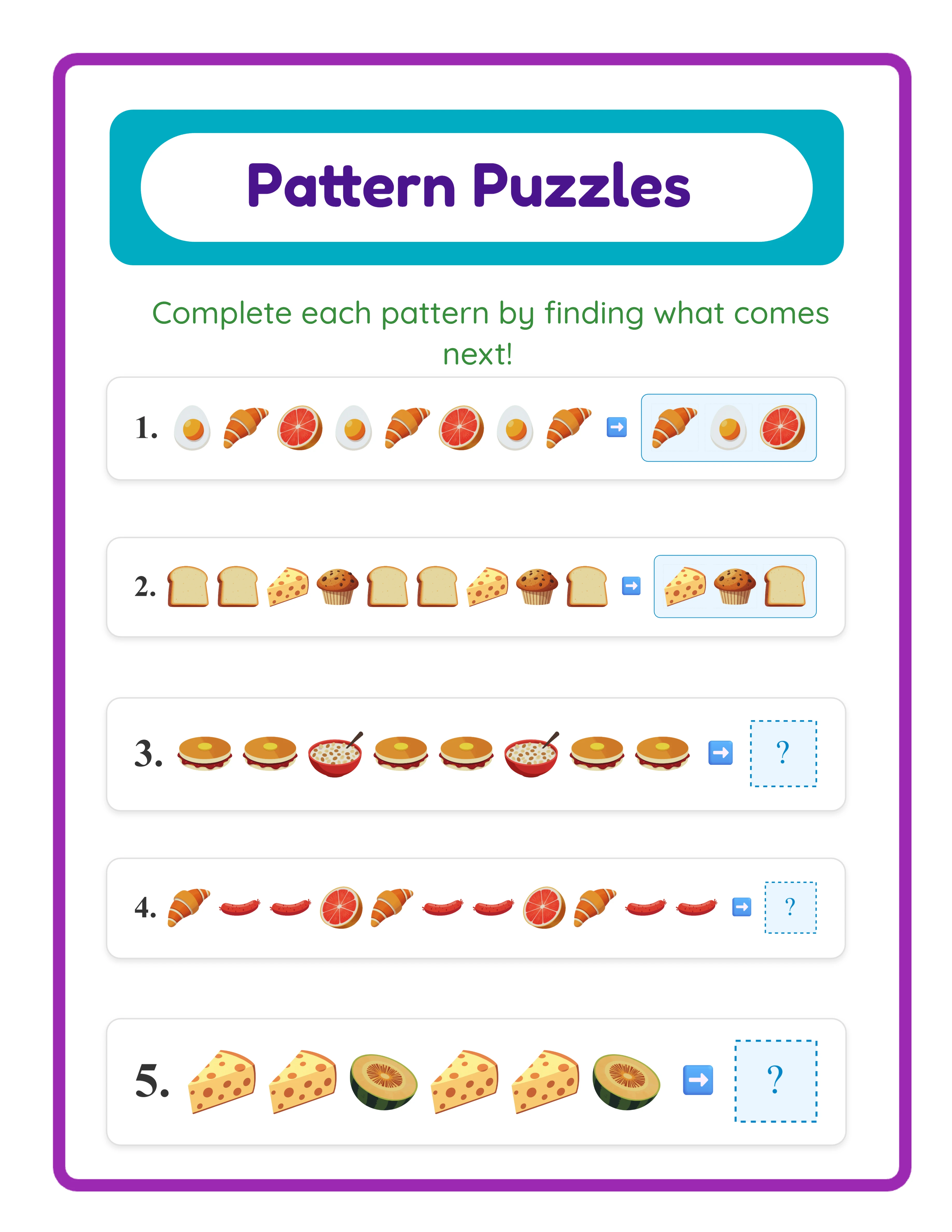 Featured pattern printable worksheet — colorful sequence challenge