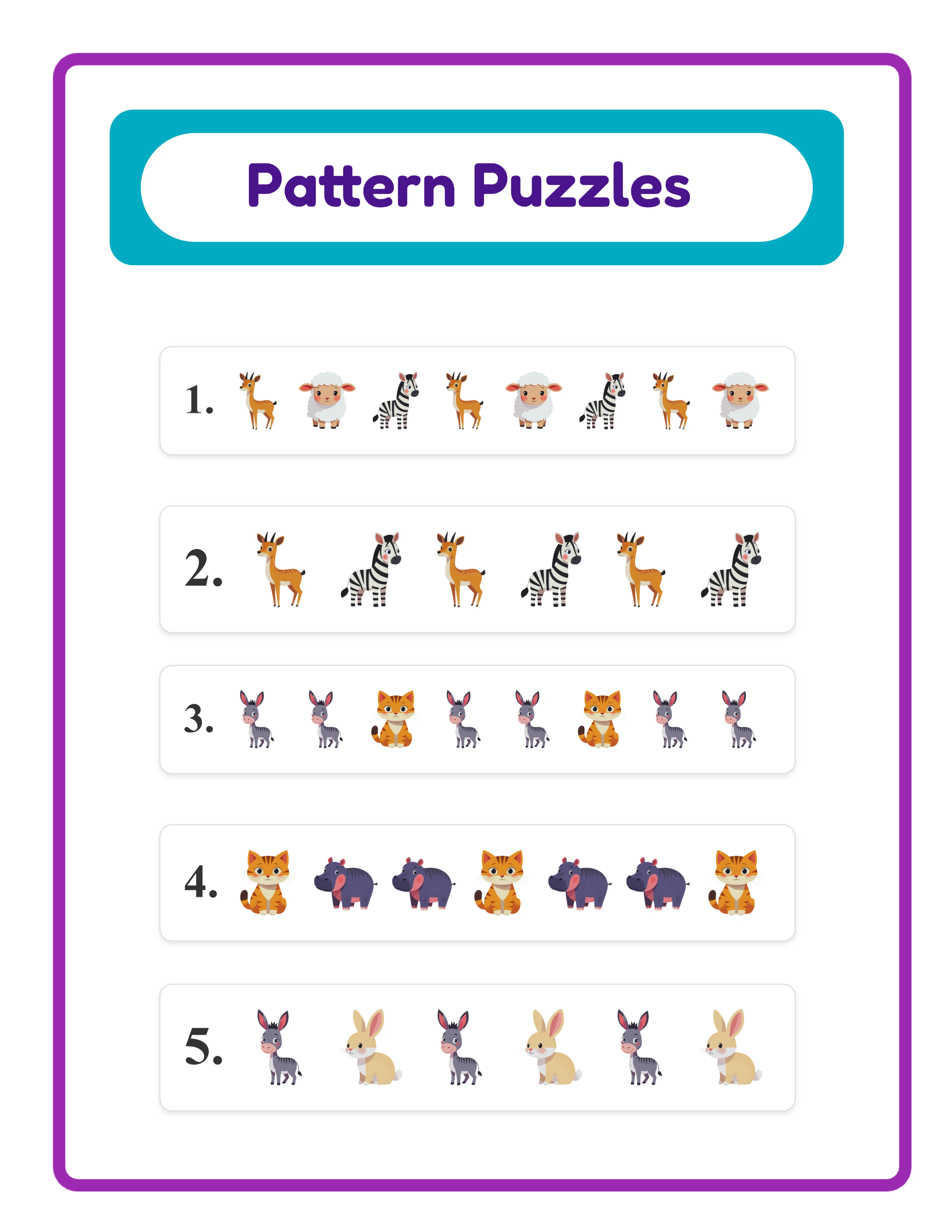 Pattern worksheet answer key showing all blank positions filled with the correct pattern items for verification