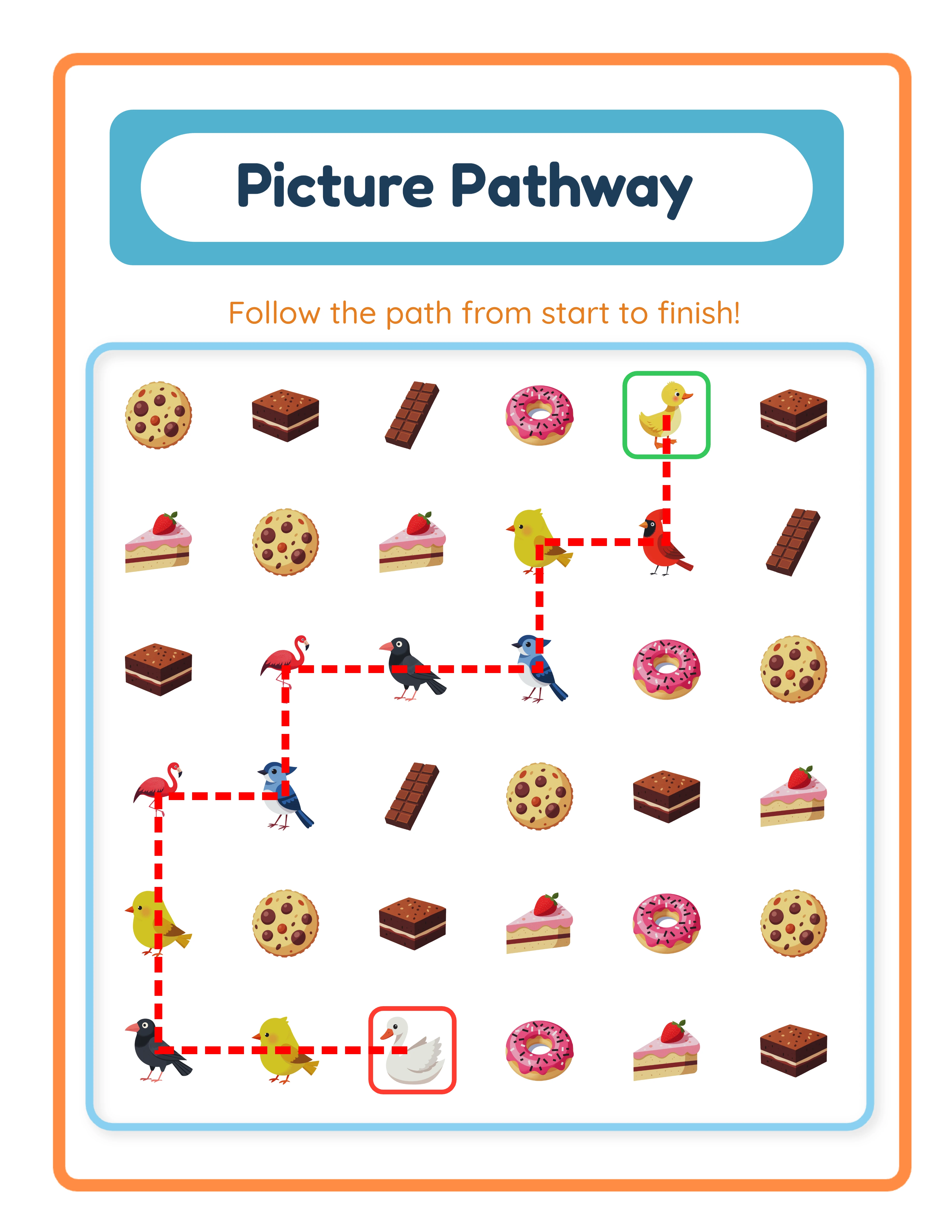 Picture path maze answer key with solution path highlighted by pink circles along the correct route