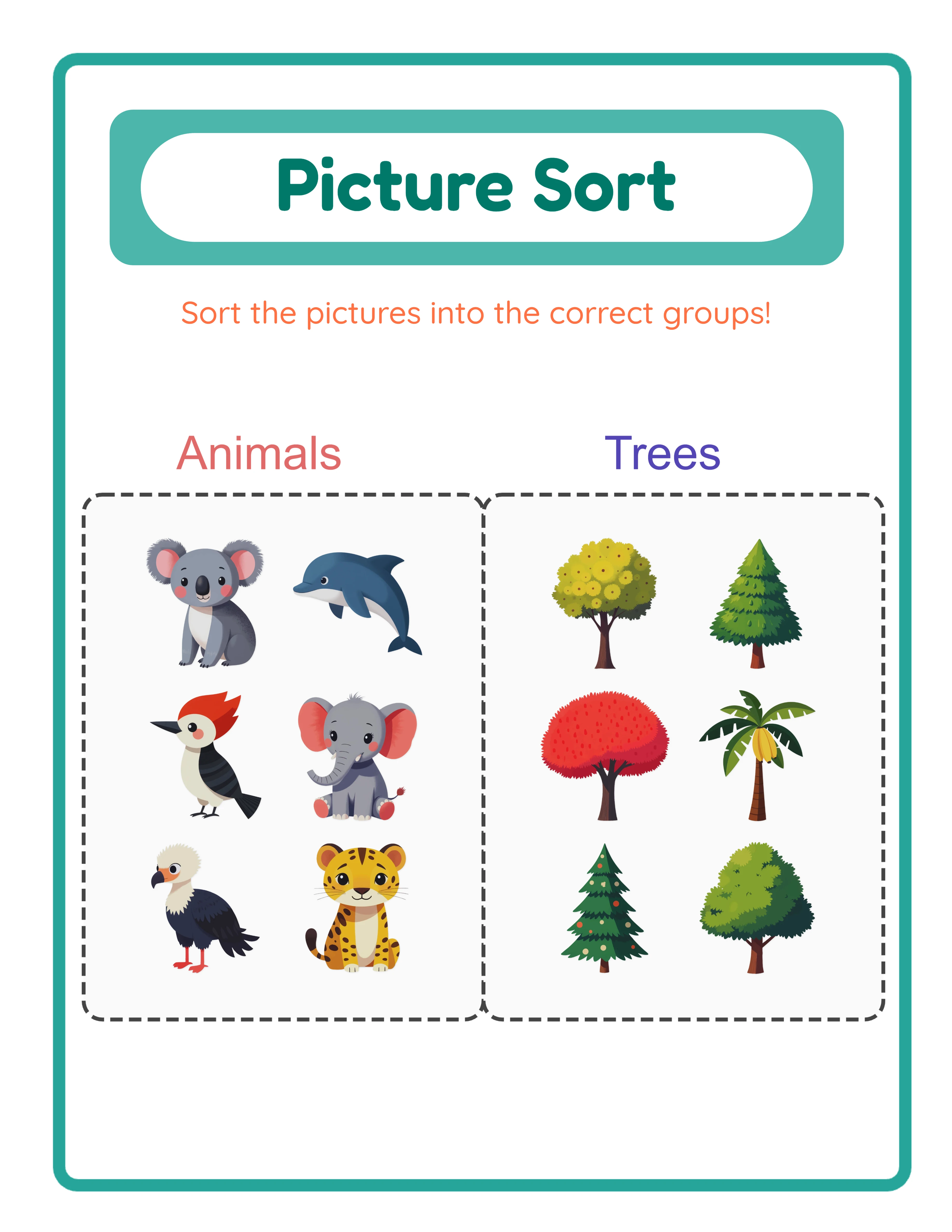 Auto-generated answer key with enlarged images sorted into correct category boxes