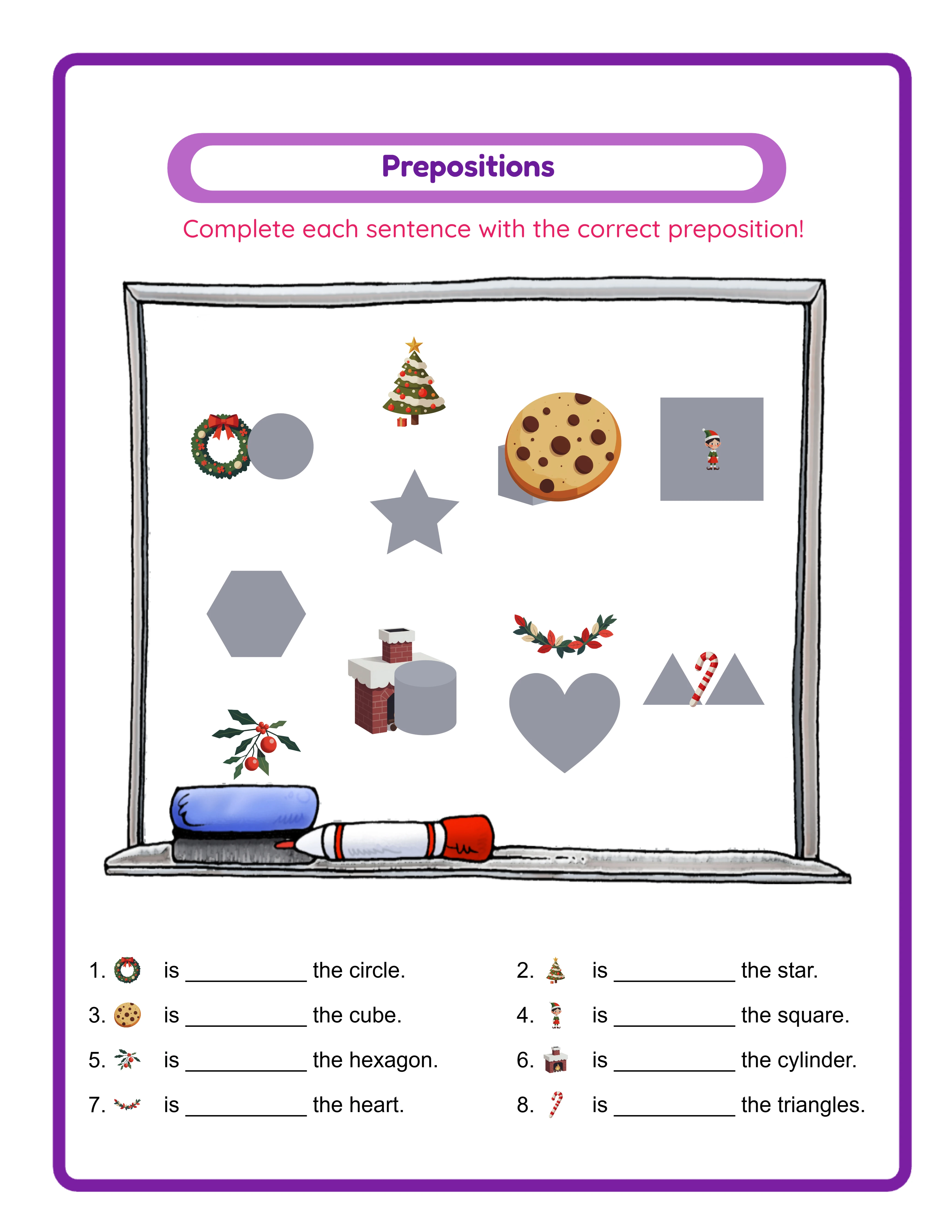 Prepositions printable worksheet — themed images