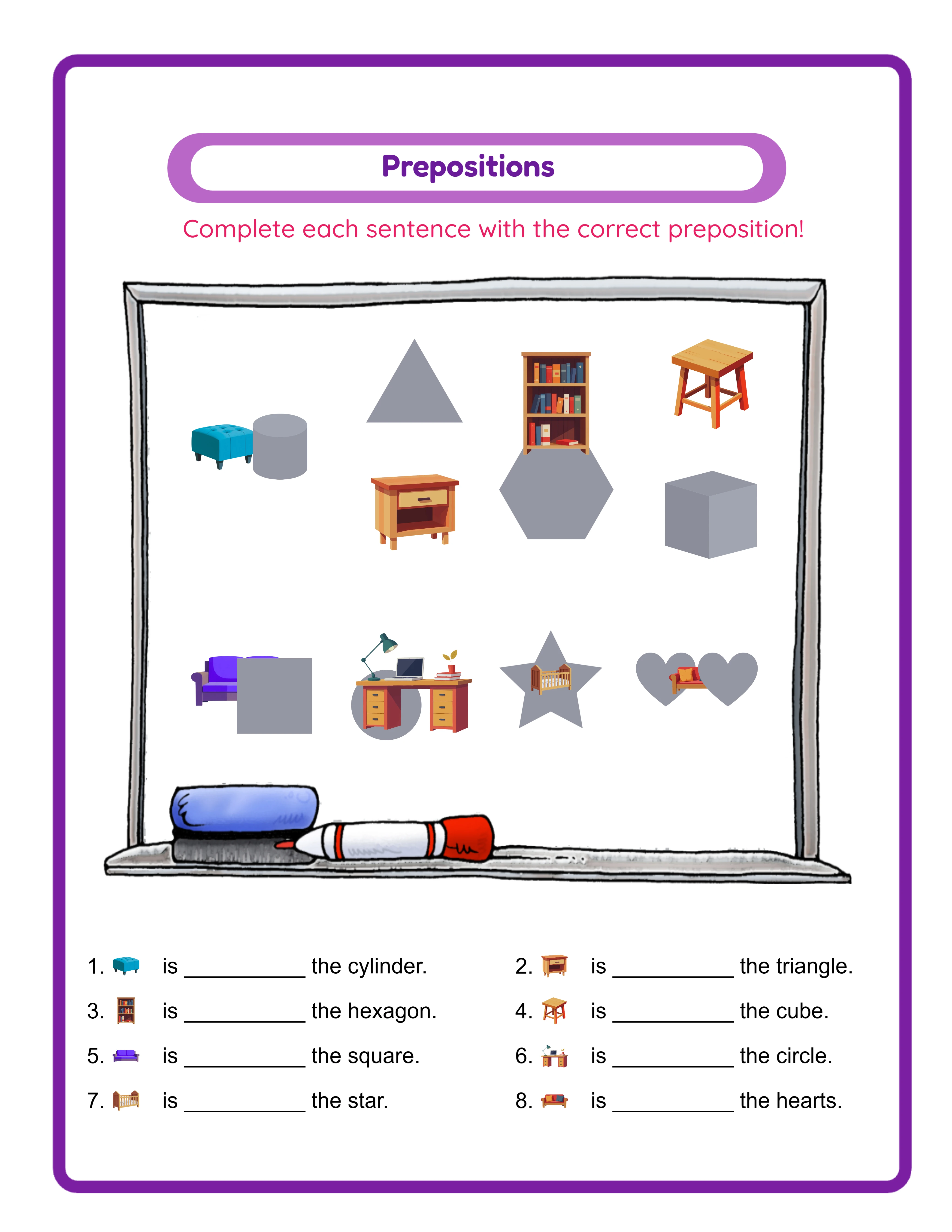 Featured prepositions printable worksheet — colorful spatial word activity
