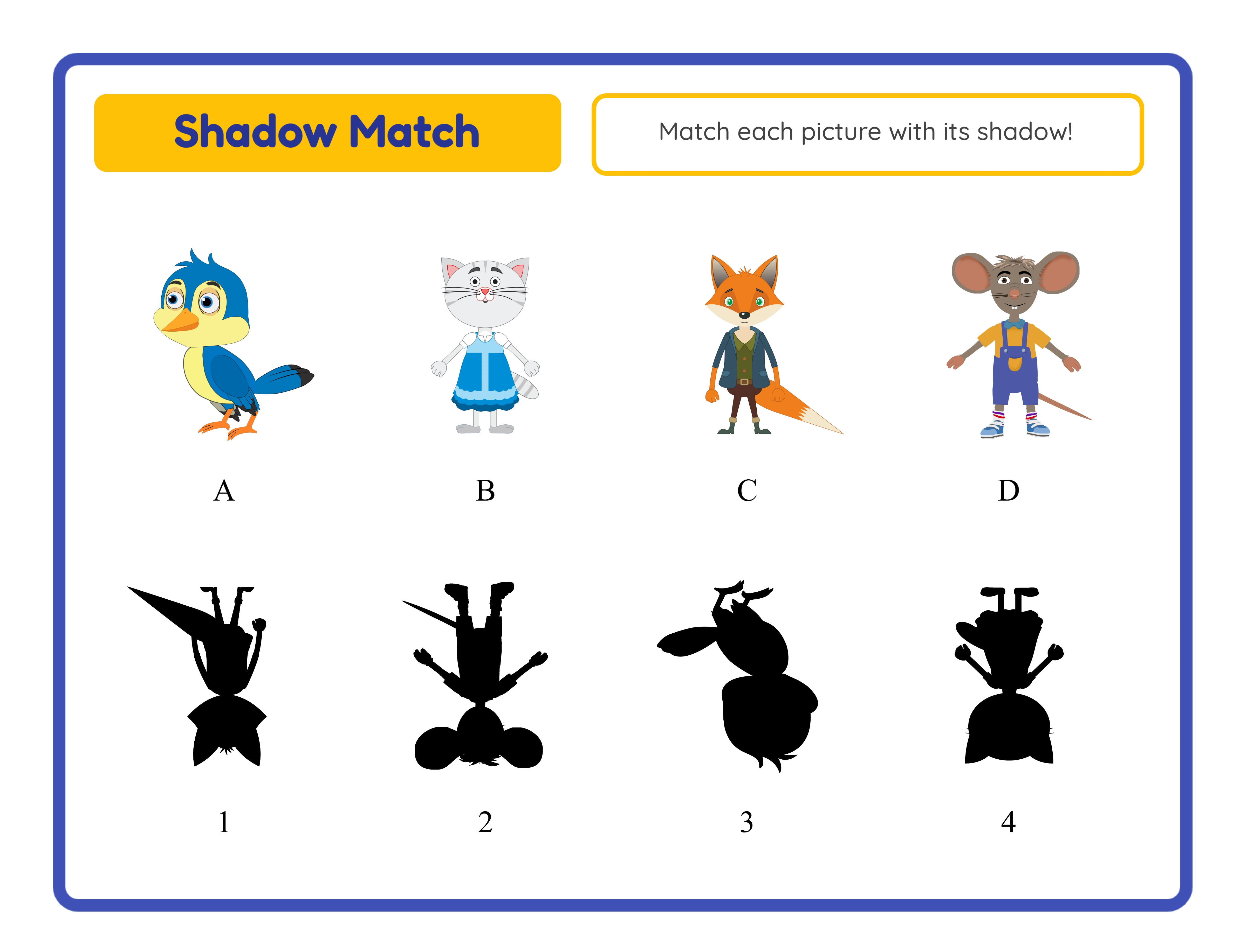 Shadow match worksheet with colored images in top row and auto-generated black silhouettes in bottom row with amber header and letter-number labels for matching activity