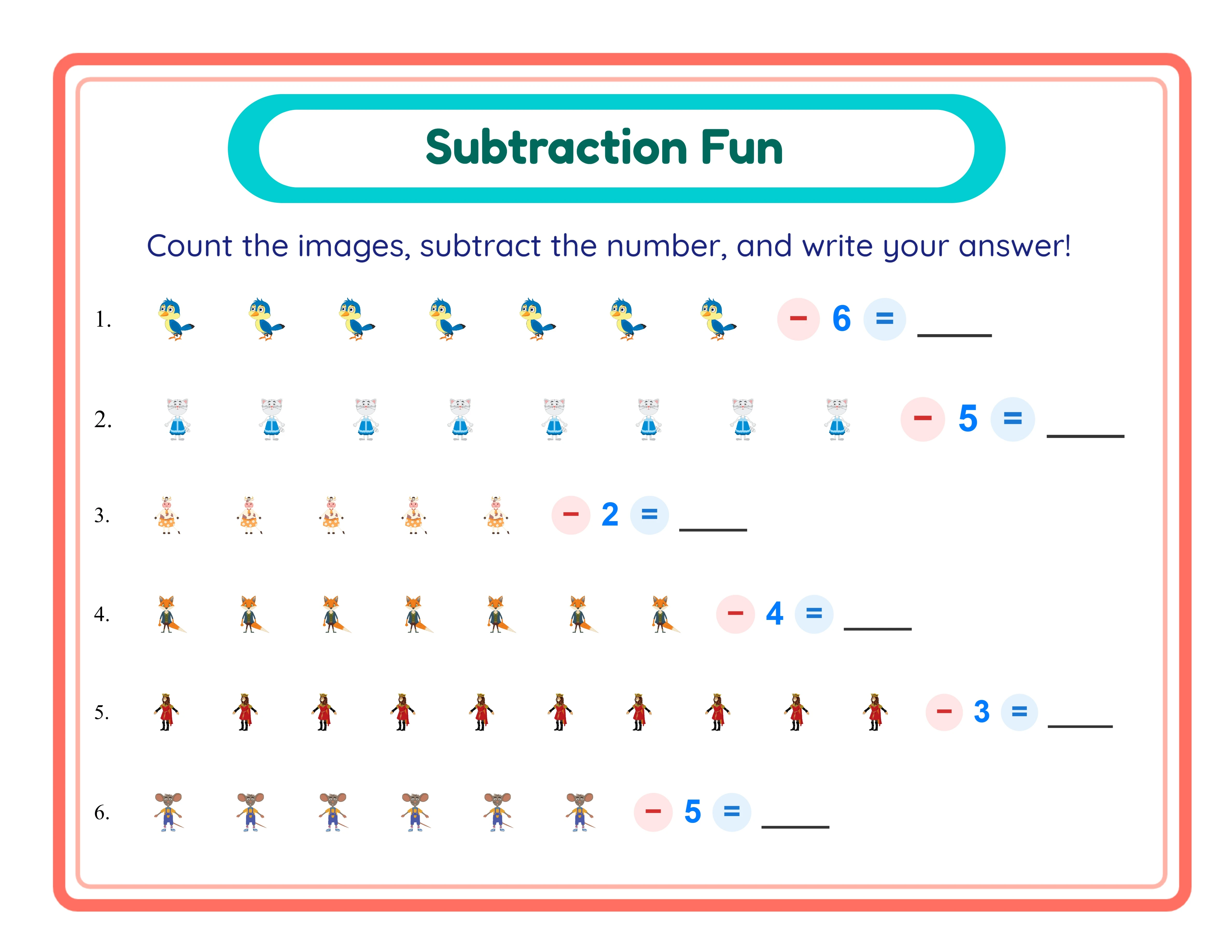 Explorer subtraction — images paired with numbers