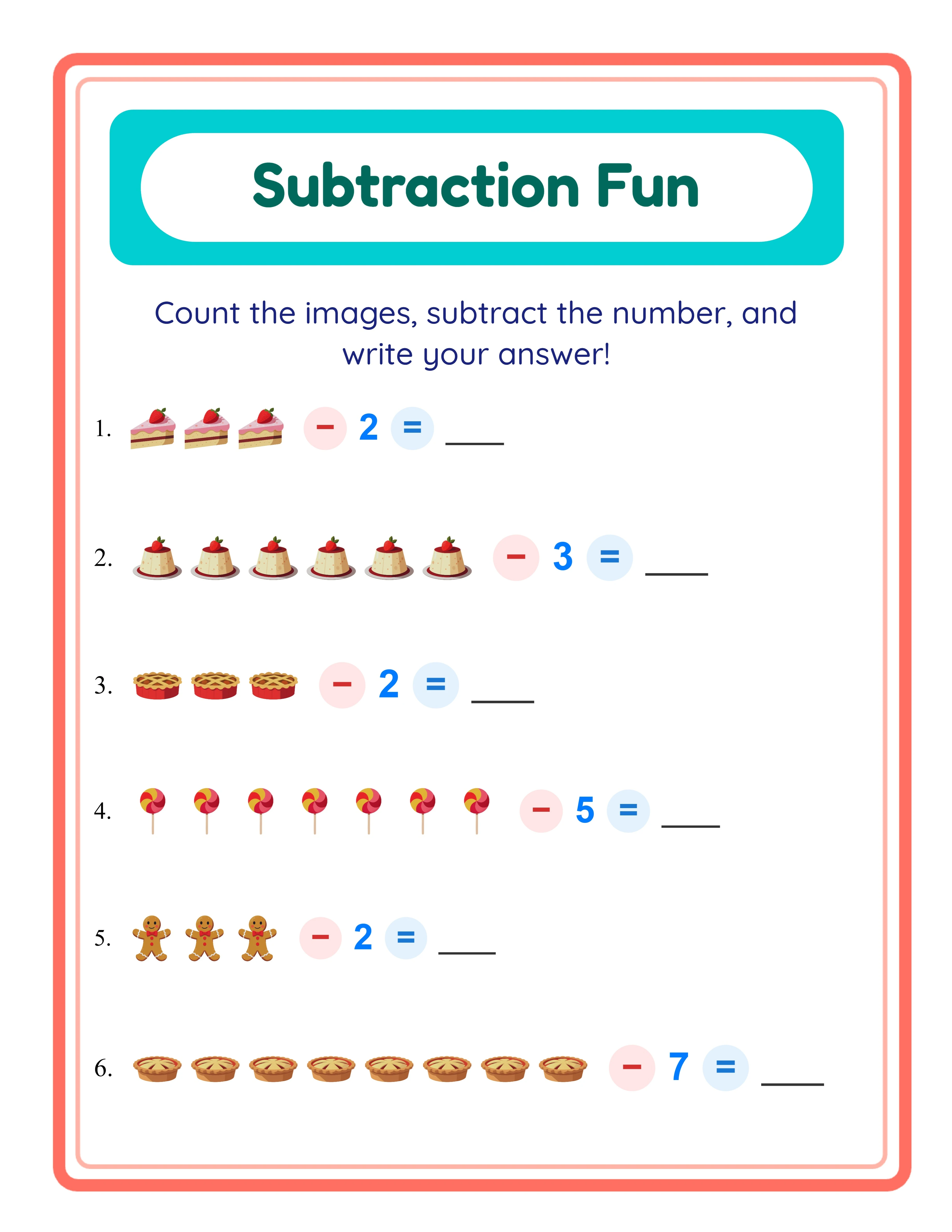 Subtraction printable worksheet — find the subtrahend with images