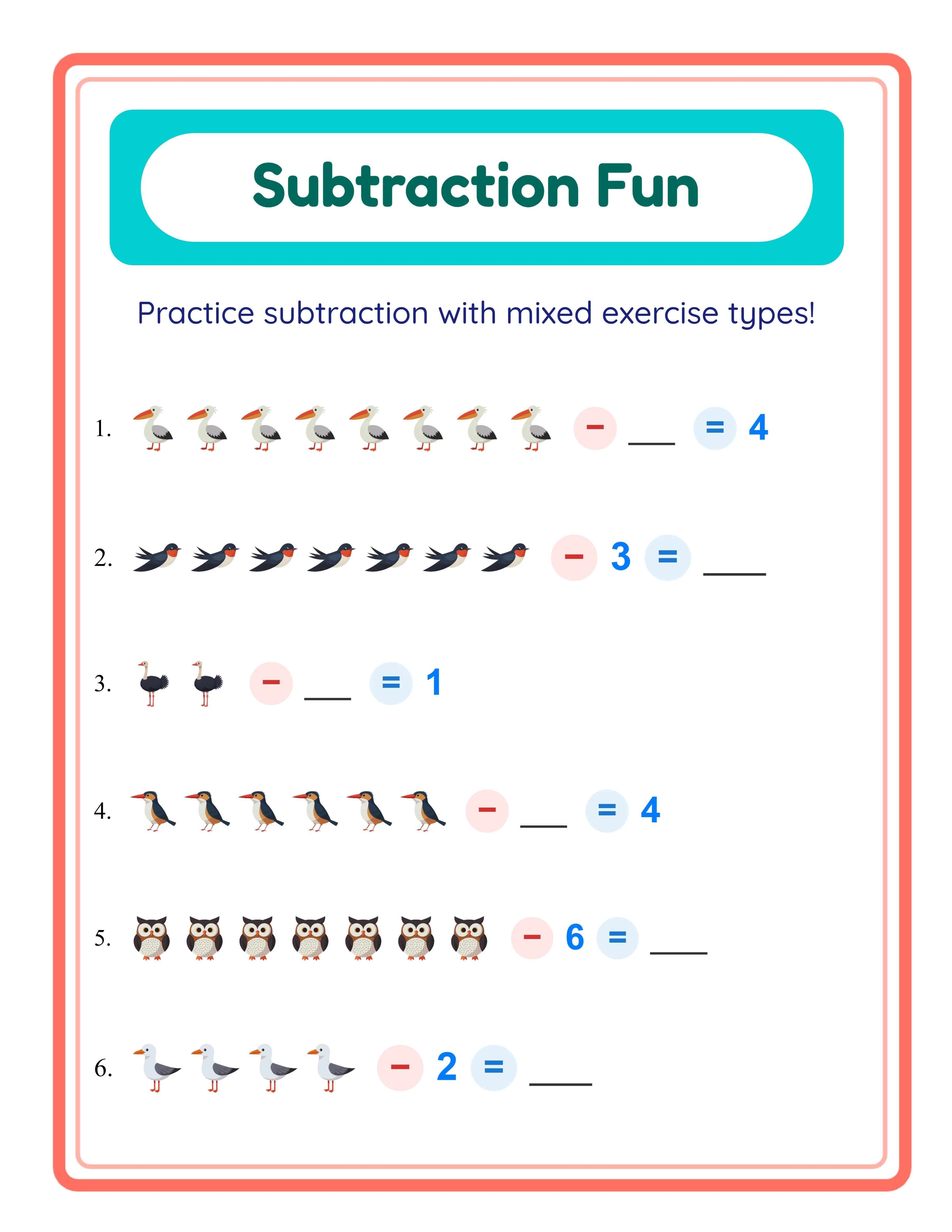 Featured subtraction printable worksheet — colorful themed pictures