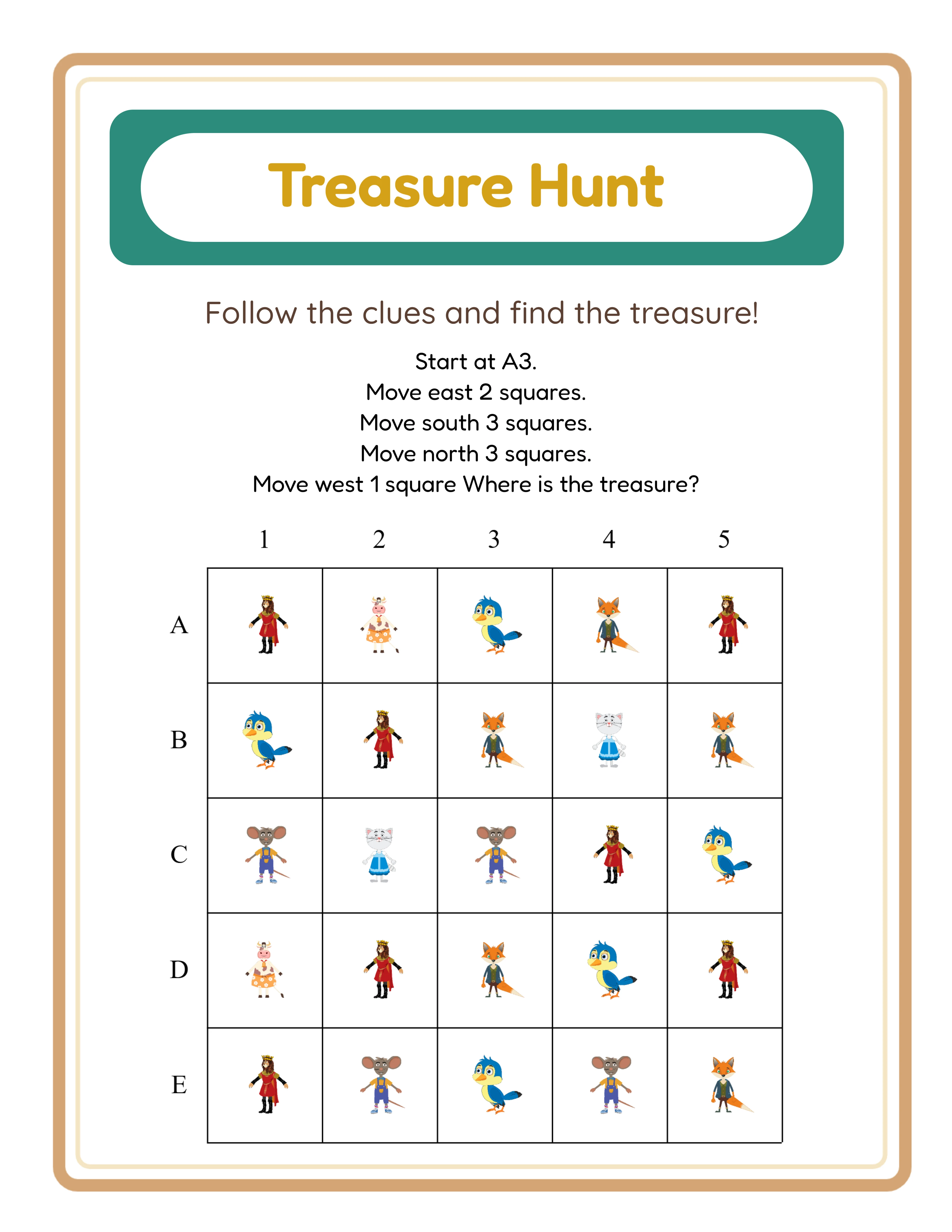 Cardinal direction treasure hunt worksheet using compass vocabulary