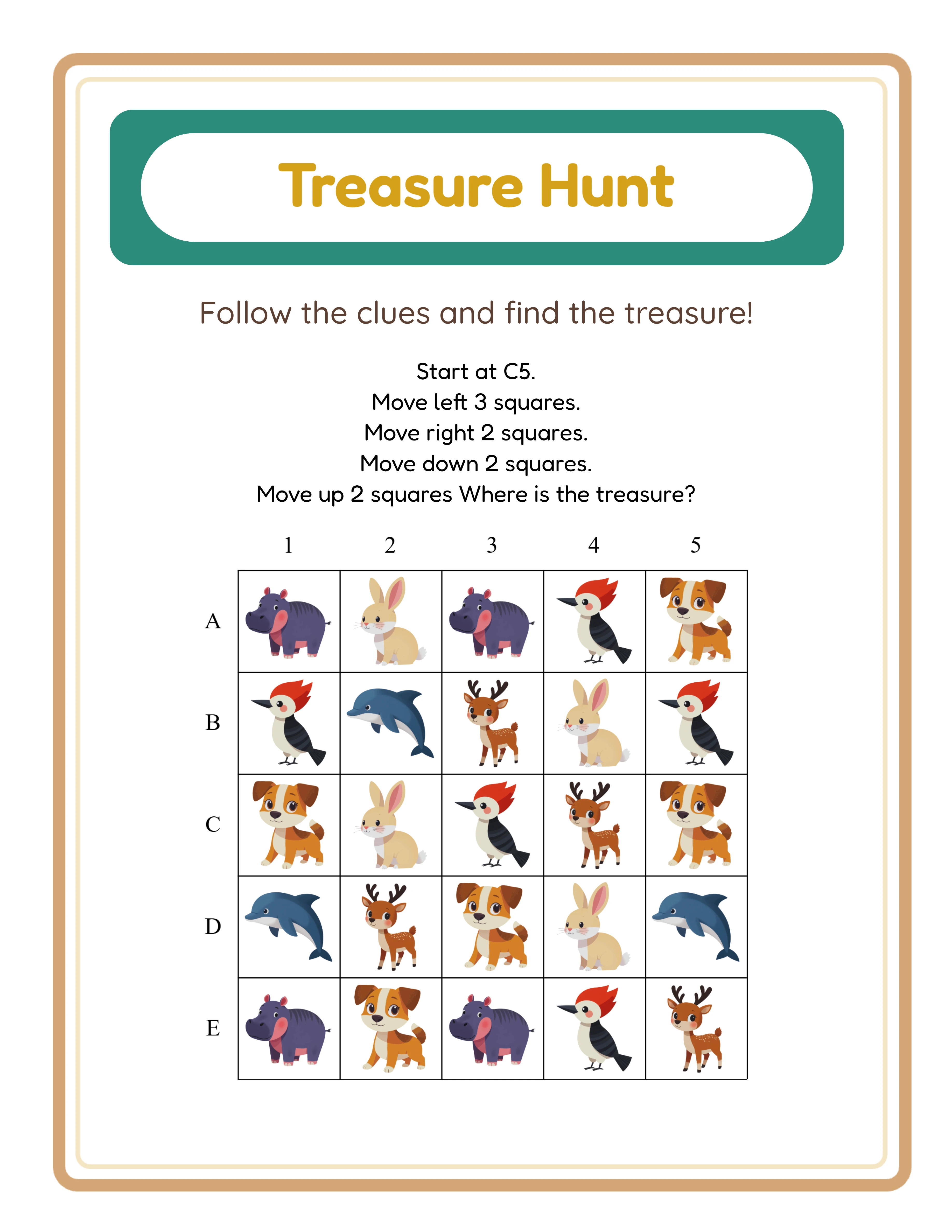 Treasure hunt path-finding worksheet with coordinate grid and themed landmark images for Etsy digital download