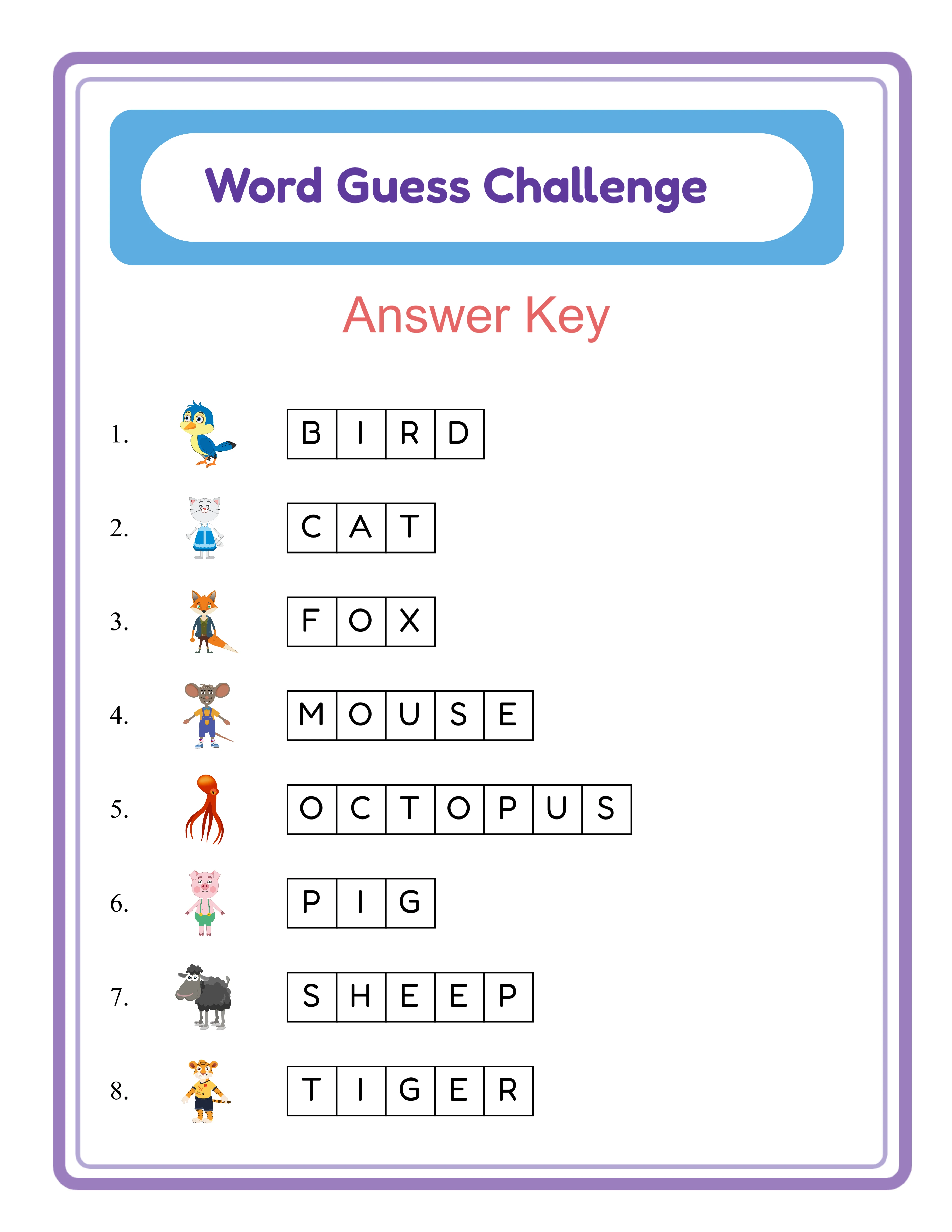 Word guess answer key with all letters filled in and no blank cells