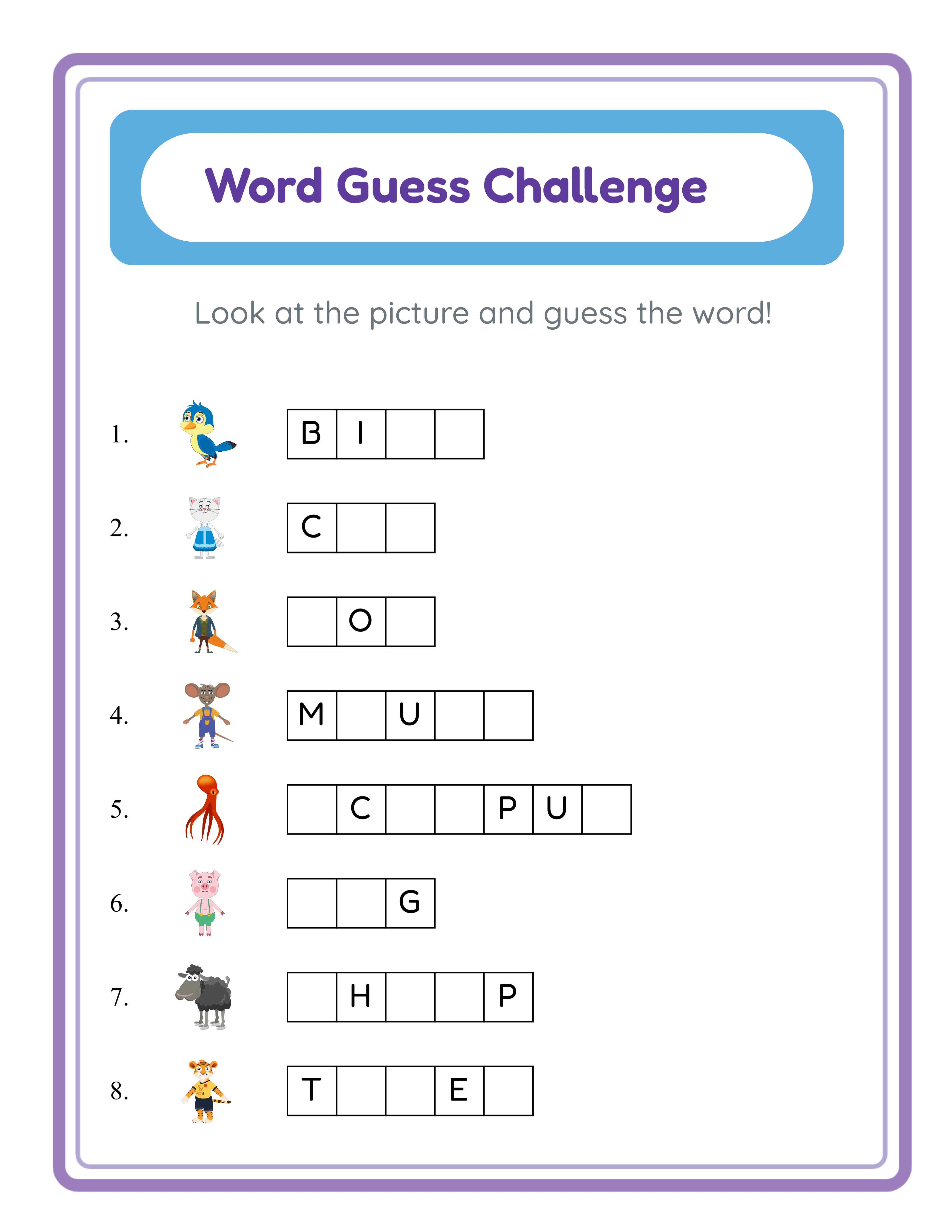 Word Guess professional worksheet